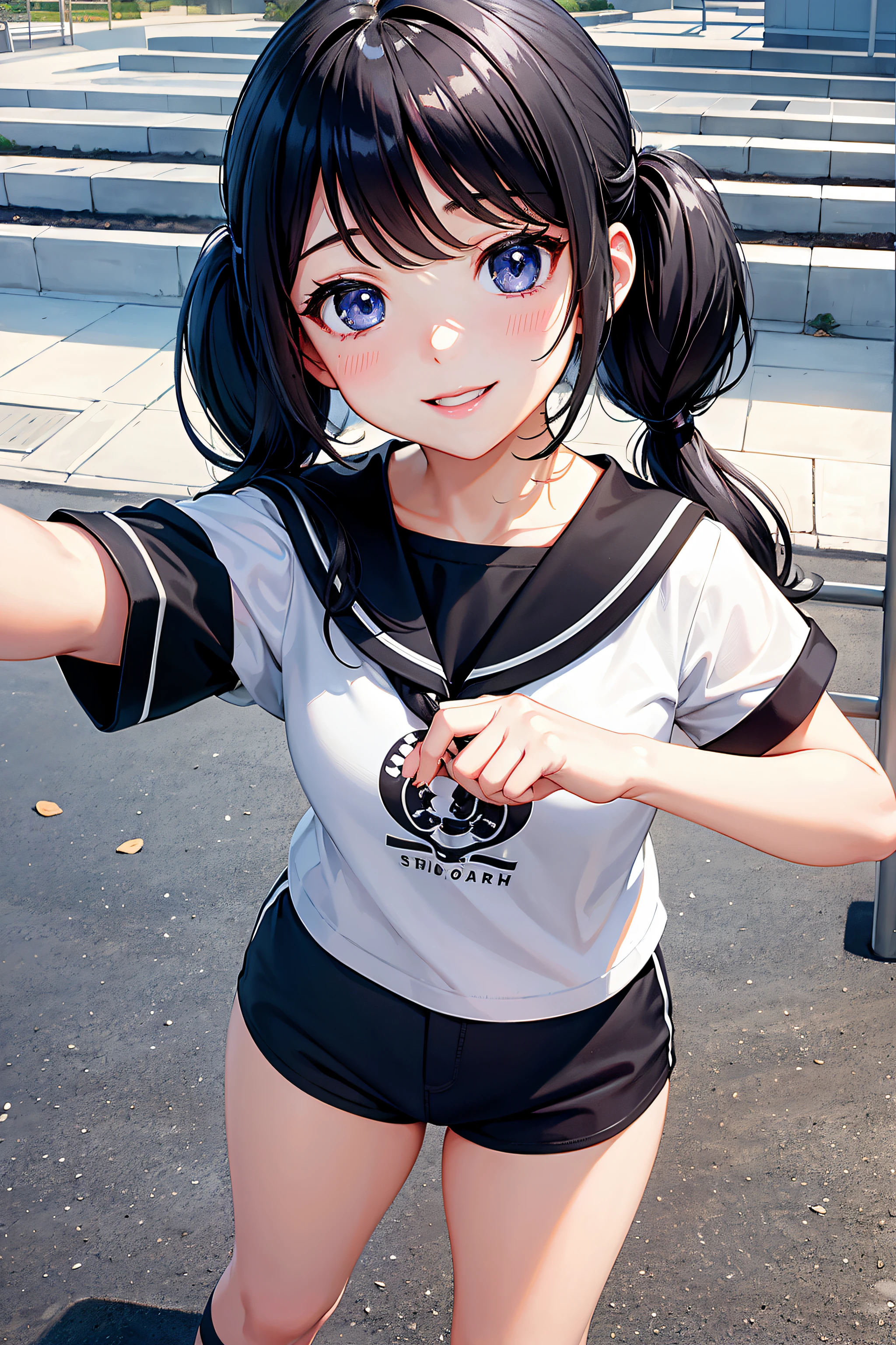 selfie,Beautiful illustration、masterpiece, top-quality ((schoolyard)), from above, 1 girl,A Cute little girl、mini girl, 4th grade elementary school student、make up, standing, seductive smile, black hair, twin tails ,blue eyes、(black hotpants), (Tshirts), lovely thighs、glowing thigh, shinyskin, sexy,