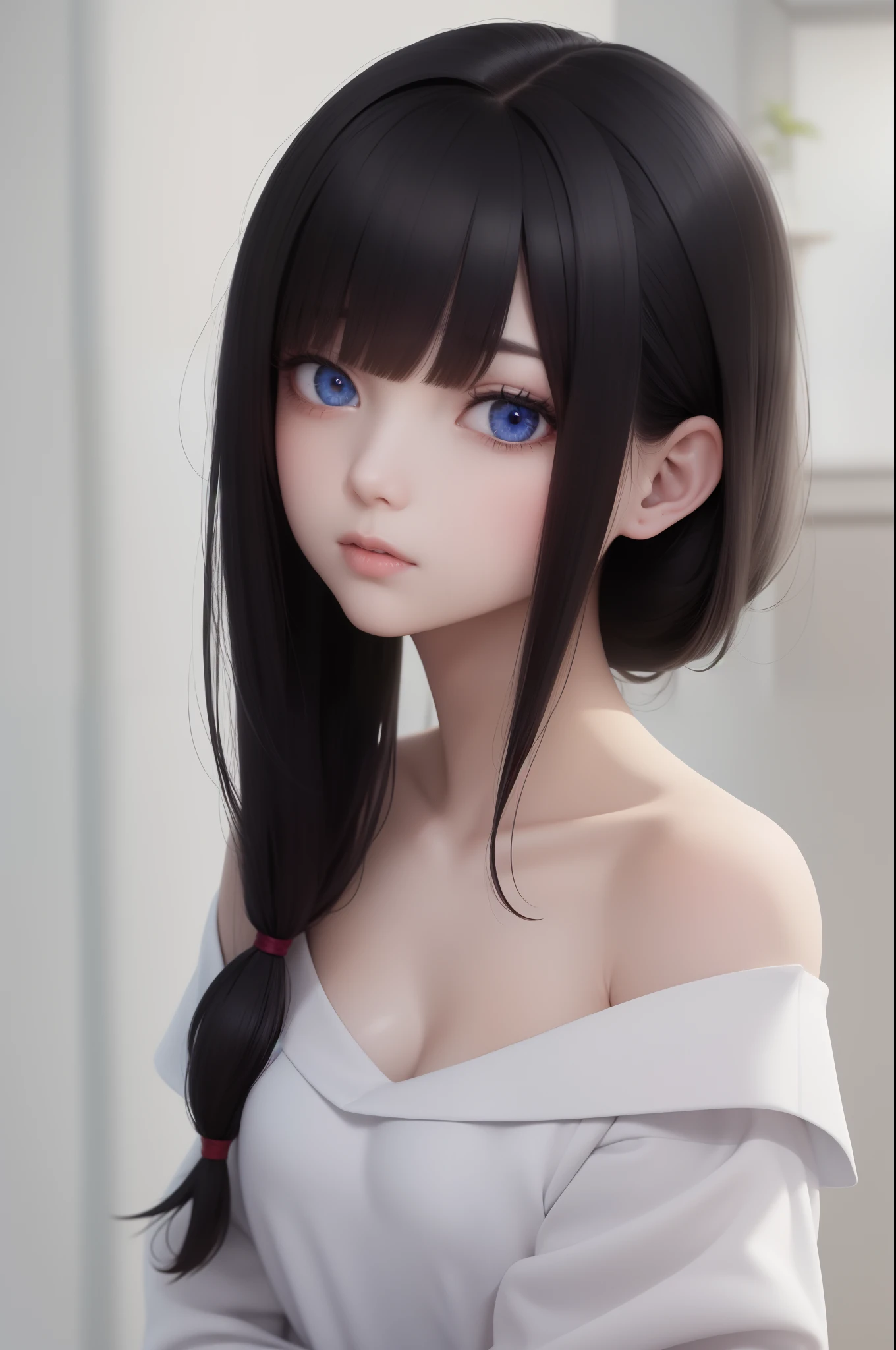 best quality, masterpiece, black hair, blue eyes, looking up, upper body