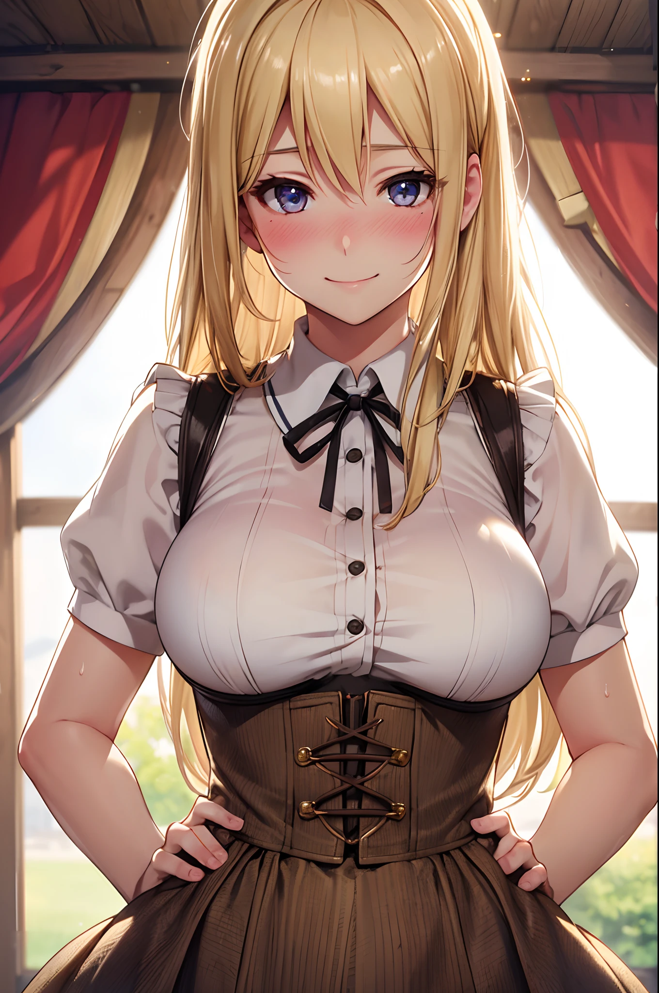 (High quality, High resolution, Fine details, Realistic), dirndl, Plains, blond hair, solo, Adult Woman, sparkling eyes, smile, blush, Large breasts, Sweat, Oily skin, Shallow depth of field