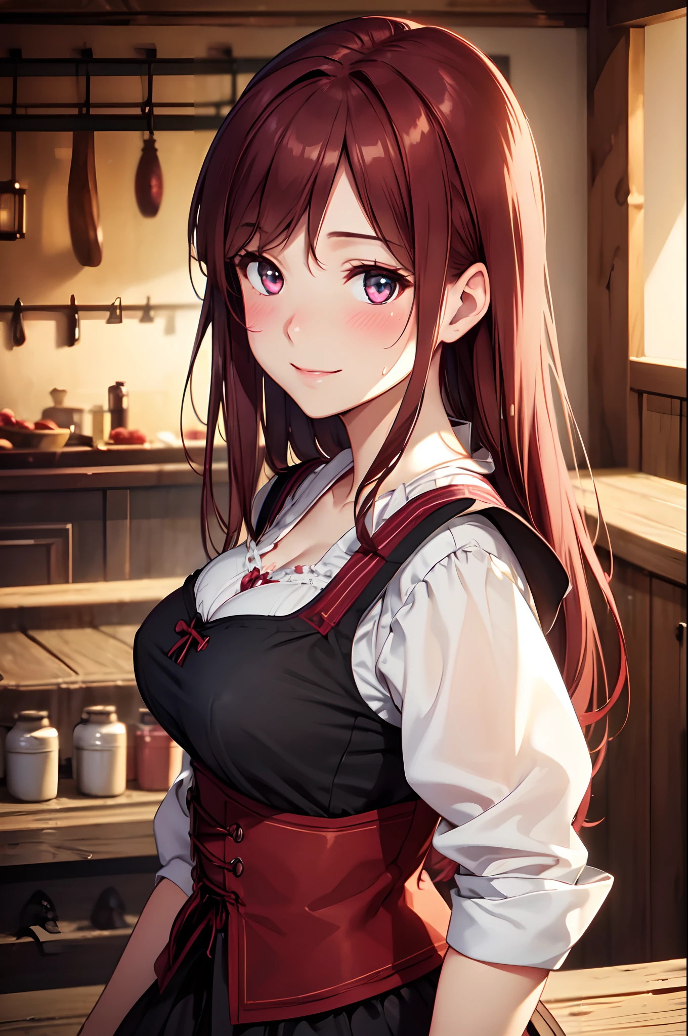 (High quality, High resolution, Fine details, Realistic), Wide-necked clothes, (dirndl), Plains, Dark red hair, solo, Adult Woman, sparkling eyes, smile, blush, Large breasts, Sweat, Oily skin, Shallow depth of field