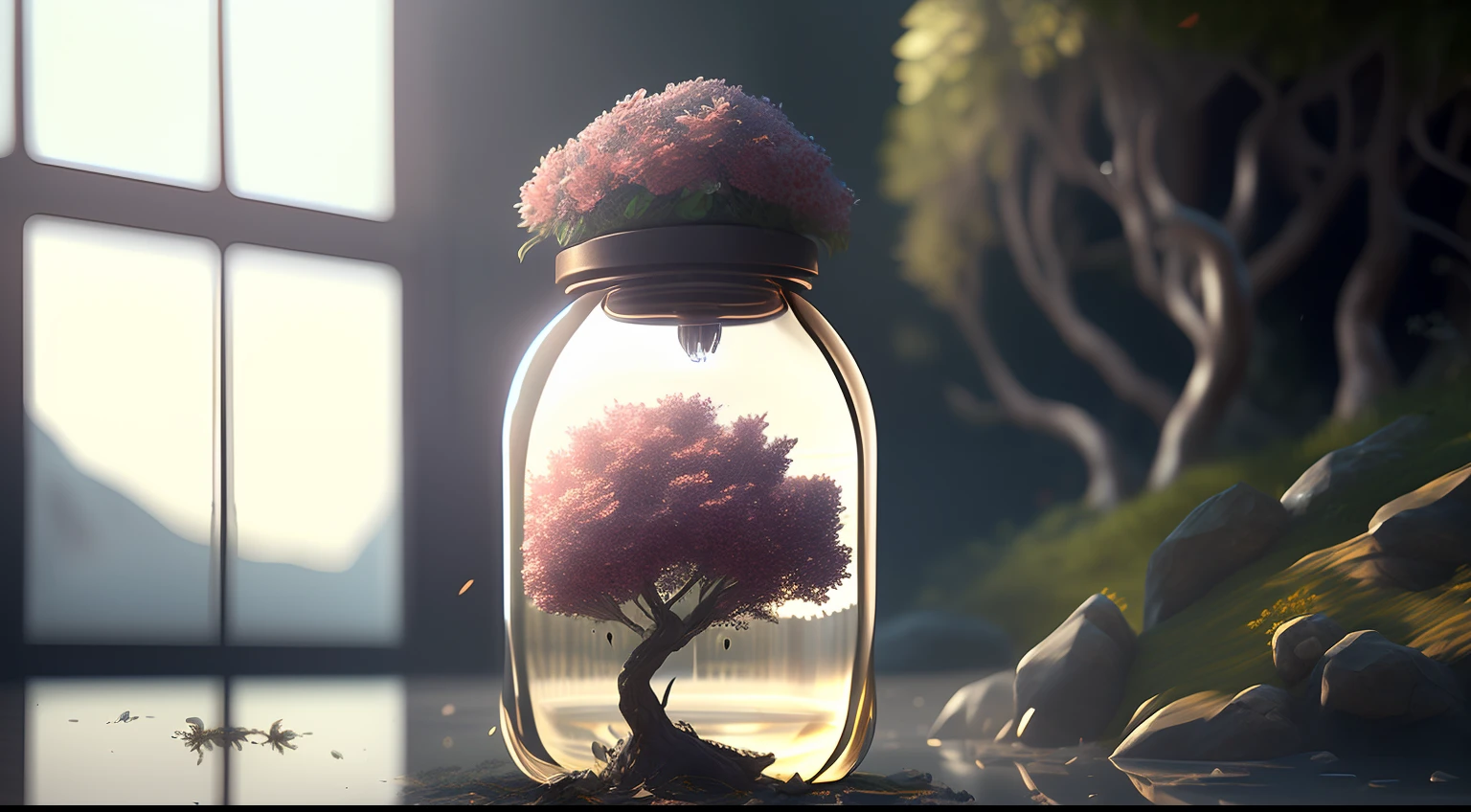 dreamlikeart tree in a bottle, fluffy, realistic, photo, canon, dreamlike, art, colorfull leaves and branches with flowers on top of its head. hyperdetailed photorealism by greg rutkowski - h 1024 w 804 | f 1 6 lens mark 2:2 s 3555 mm film grain :1 lifelike high res sharp focus contrast!! intricate detailed atmospheric light refraction lighting unreal engine 5 cinematic concept photography masterpiece octane render trending at cgsociety rendered as
