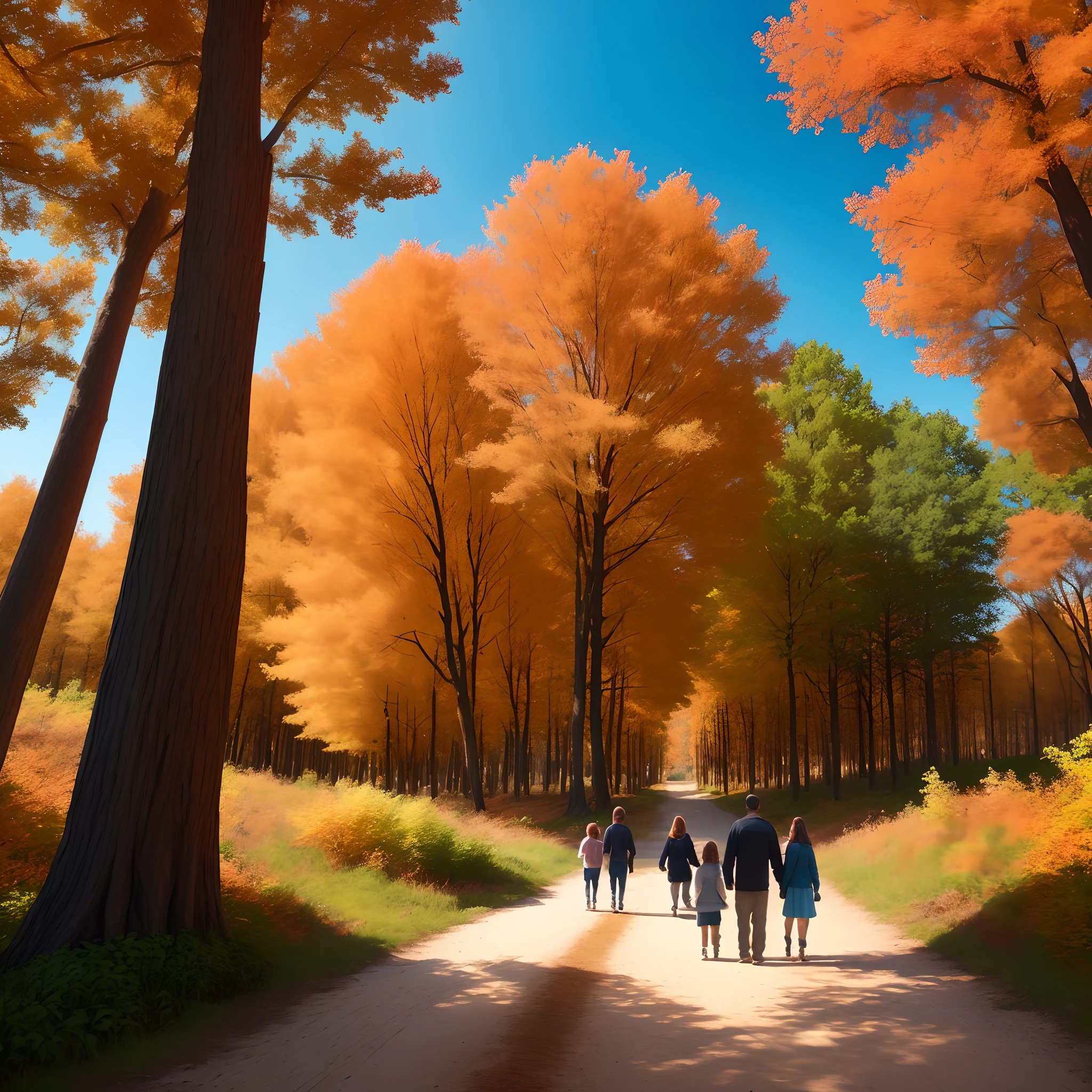 Tunnel of trees in the fall, bright colors of autumn, family of four (mom, dad, 2 young daughts) walking. Bright blue sky where visible. Dirt path. Americanized style.