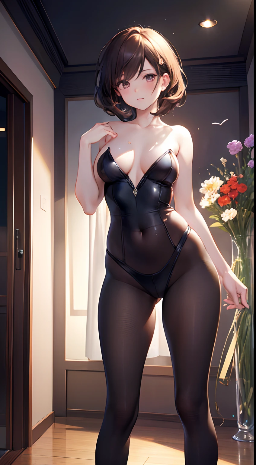 melancholy lighting, tranquil, Calm, Glow, masutepiece, Best Quality, 1girl in, (JinxLol:1.2), (hyperphotorealistic:1.3), (masutepiece:1.4), Best Quality,45 yers old, Beautiful Female Teacher, A sexy, barechested, fullnude, Exposed, seductiv, Wet body, ((Realistic)), High quality , ultra-detailliert, ((Real Image)), ((Realistic skin)), ((Realistic face)),(Illustration:1.05), (Beautiful:1.05), (Beautiful detailed eyes:1.05), (Cinematic Light:1.1 ), Full body, Precise proportions, Slim Model Standing, Black curly hair fluttering in the wind, tulle, long thick legs, Large Thigh, Buttocks, blush, Shyness, 鎖骨, Abs, Double weave, Pretty face and delicate, Clear skin, Real Skin, (Face Detail), pores, 超A high resolution, 8K, parameters Best quality, masutepiece, 超A high resolution, (Realistic 2.0), More details, Detailed skin, Short Short Open Tier, Hair Brunette, Perfect well-drawn brown eyes, girlfriend, Pretty, Pretty, Flowers, Studio Lighting