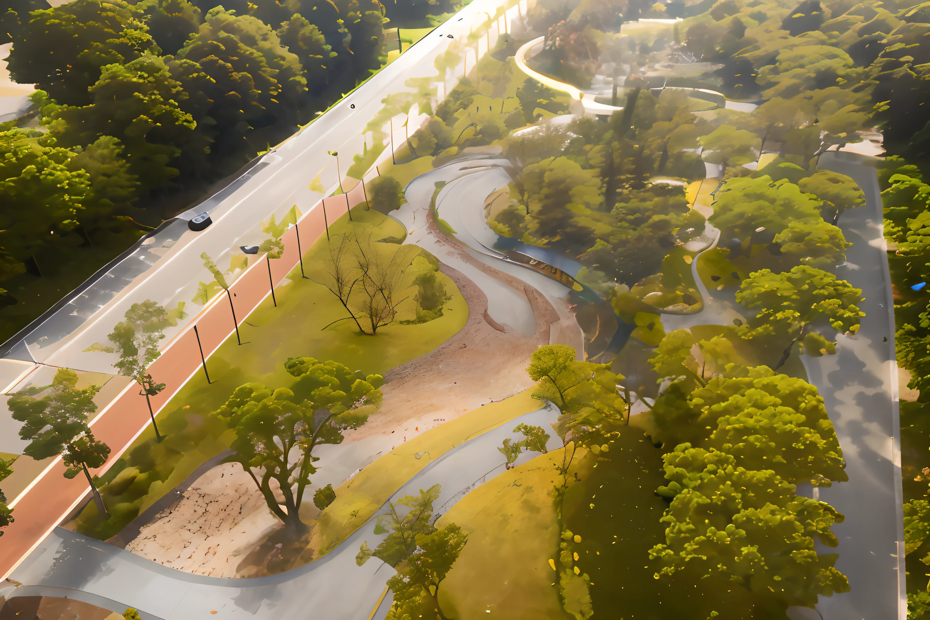 Aerial view of the road，Bike paths and parks are included, landscape architecture photo, parks and public space, sangyeob park, A park, View from above, photo taken from above, Bird's eye view, looking from above, looking from above, cut, twisted waterway, park landscape, ( Visually stunning, shaxi, information, Entertainment