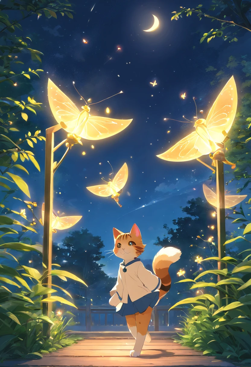 In the middle of an enchanting garden、Glowing cat and glowing fireflies dance to the gentle sounds of the moon., cute cat