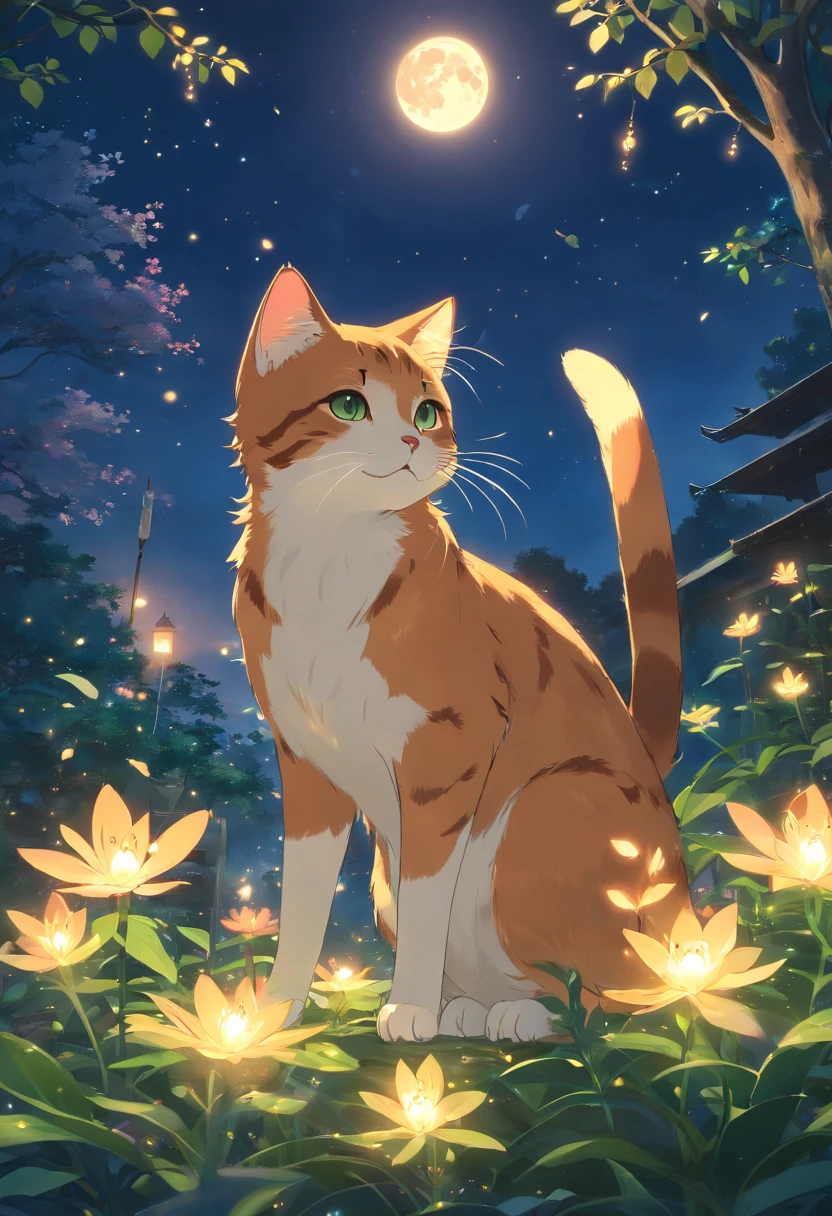 In the middle of an enchanting garden、Glowing cat and glowing fireflies dance to the gentle sounds of the moon., cute cat