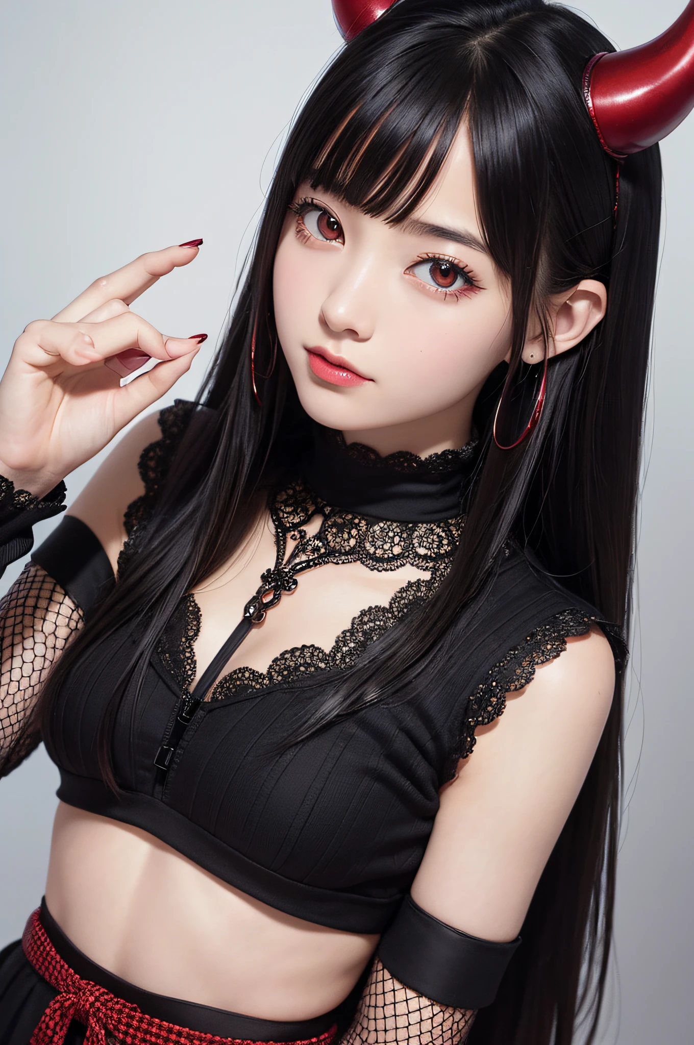 (masutepiece, Best Quality, Cute detailed wallpapers), (hight resolution, Ultra-detailed, Beautiful), (masutepiece, Best Quality), the illustration is detailed, Many decorations, Upper body, From above, One female, 18 years old, Glowing red eyes, Black hair, (, Two-tone mesh hair) Black sweater with open chest, Two horns, Devil's Tail, Demon Costume、kawaii pose、