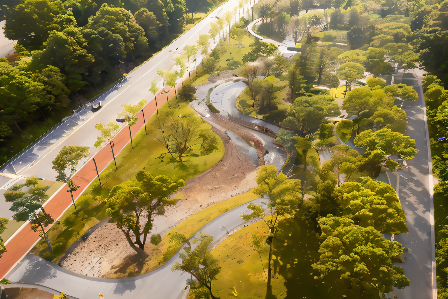 Aerial view of the road,Bike paths and parks are included, landscape architecture photo, parks and public space, sangyeob park, A park, View from above, photo taken from above, Bird's eye view, looking from above, looking from above, cut, twisted waterway, park landscape, ( Visually stunning, shaxi, information, Entertainment