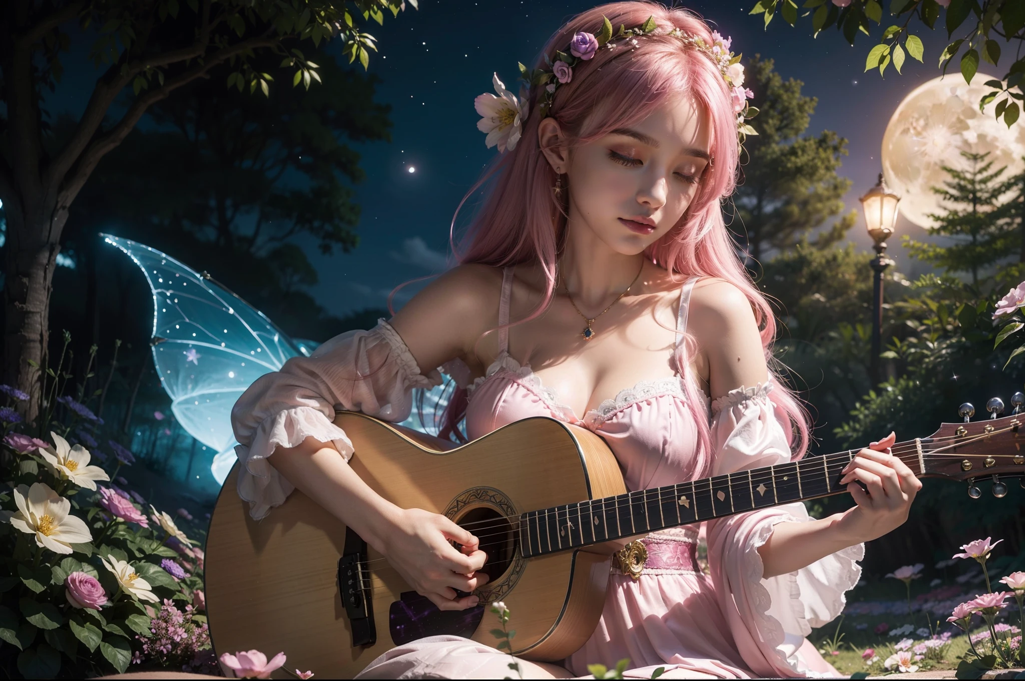 Generate a mesmerizing and enchanting scene featuring a cute lady with striking pink eyes and long, flowing pink hair. Place her in a magical fairy land illuminated by the soft glow of the moon, set during the tranquil hours of the night. The lady is playing a guitar with utmost passion and skill, her fingers gracefully strumming the strings, creating a melody that harmonizes with the night itself.
Surround her with the wonders of nature: blooming flowers in shades of pink and purple, tall ancient trees with bioluminescent leaves, and friendly woodland creatures watching in awe. The night sky above is a canvas of deep blues and purples, adorned with countless stars that twinkle like diamonds. Fireflies dance around, casting a golden glow in the air.
Capture the innocence and joy on the lady's face as she immerses herself in the music, and make sure to emphasize the magical atmosphere of the fairy land. The overall scene should evoke a sense of wonder and delight, as if the viewer has stumbled upon a hidden, enchanting world. Please pay special attention to the lady's expression, ensuring it reflects her passion for music and the beauty of the night around her