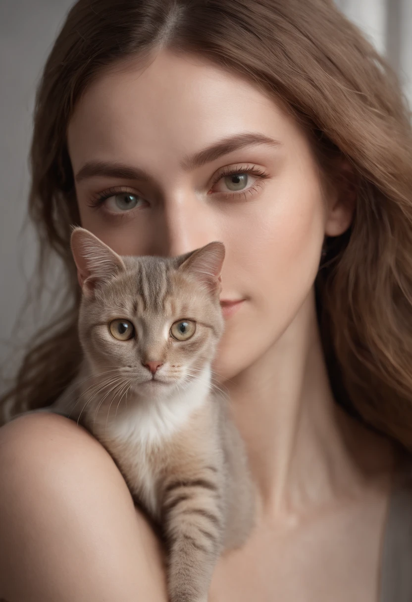 beautiful young woman with a cat, fine art, black background, Rembrandt light, --ar 2:3, (masterpiece:1.4), (best quality:1.4), RAW photo, (raecmbr-2650:0.9), (r4ec4mbr4:0.95), (realistic), (photorealistic: 1.5), (short hair), light brown hair, necklace, (RAW photo, 8k UHD, film grain), beautiful detailed eyes, extremely detailed eyes and face, masterpiece, cinematic lighting, (highly detailed skin: 1.2), 8k UHD, DSLR, soft lighting, high quality