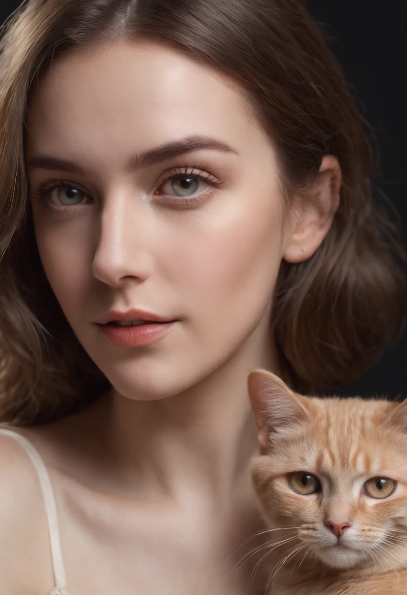 beautiful young woman with a cat, fine art, black background, Rembrandt light, --ar 2:3, (masterpiece:1.4), (best quality:1.4), RAW photo, (raecmbr-2650:0.9), (r4ec4mbr4:0.95), (realistic), (photorealistic: 1.5), (short hair), light brown hair, necklace, (RAW photo, 8k UHD, film grain), beautiful detailed eyes, extremely detailed eyes and face, masterpiece, cinematic lighting, (highly detailed skin: 1.2), 8k UHD, DSLR, soft lighting, high quality
