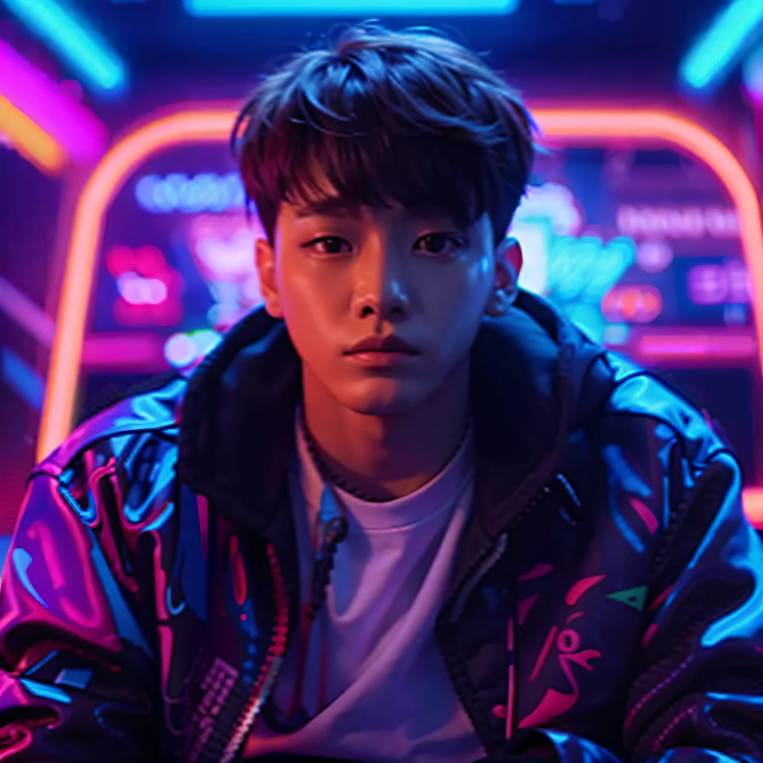 A man in a jacket sits in front of a neon background, hyung tae, shinji, key still, kpop, lisses, hong june hyung, style of ssss.gridman (2018), korean artist, steven jung, Cai Xukun, inspired by jeonseok lee, aramaki shinji, sakimichan, yanjun cheng, personal profile picture