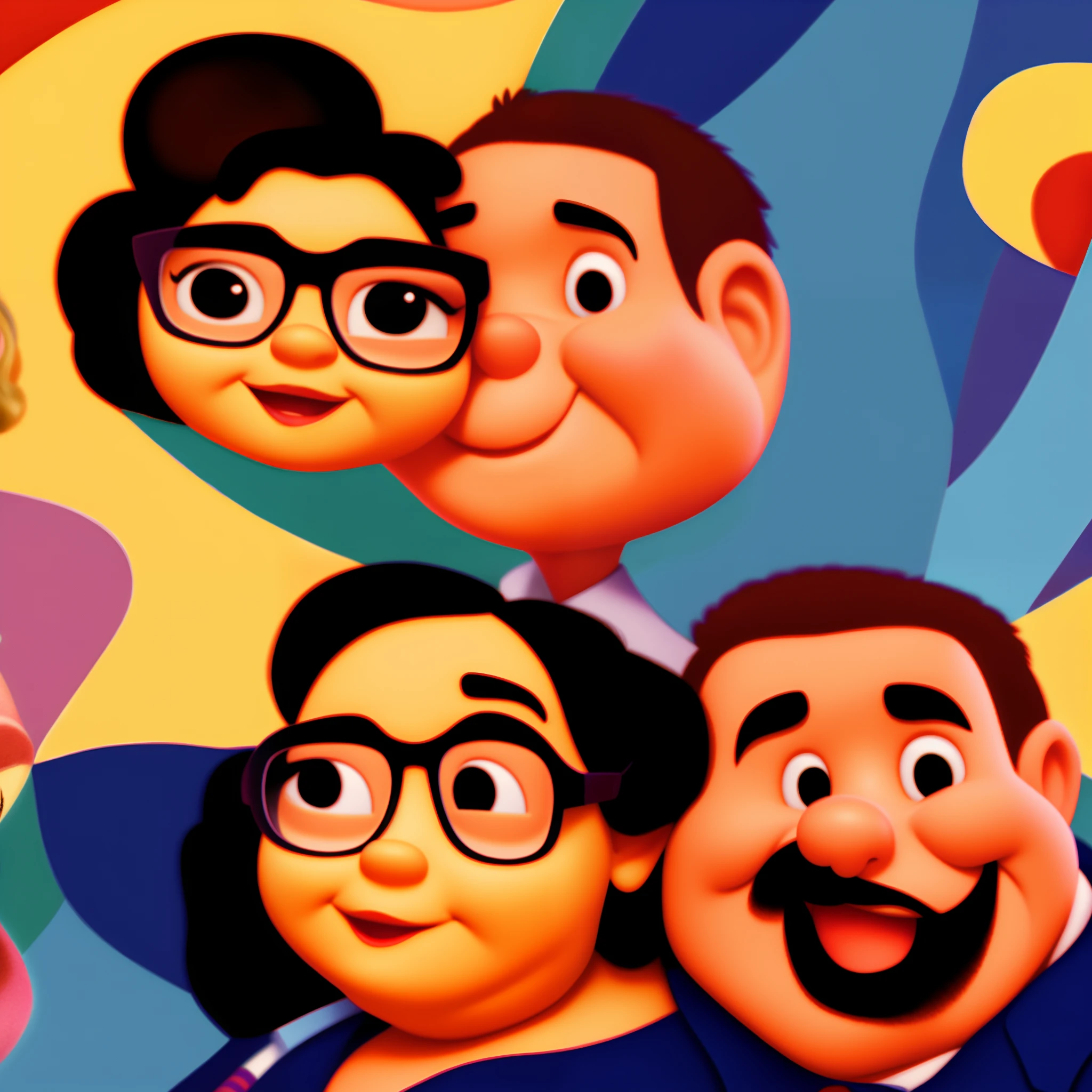 Create a Pixar-Style Poster - Disney, with a fat woman with glasses and black hair, And a fat black man with glasses and a caramel dog