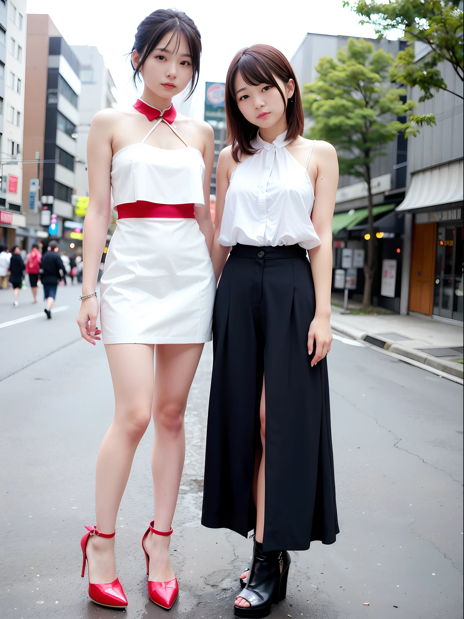 2 girls、on tokyo street、morning、A city scape、city light、full body Esbian、a closeup、A smile、、(8K、Raw photography、top-quality、​masterpiece:1.2)、(realisitic、photoRealstic:1.37)、Beautiful skin、Beautiful breasts，Torn cheongsam，Red collar，Hands are tied with ropes，Beautiful legs，high-heels，lesbian