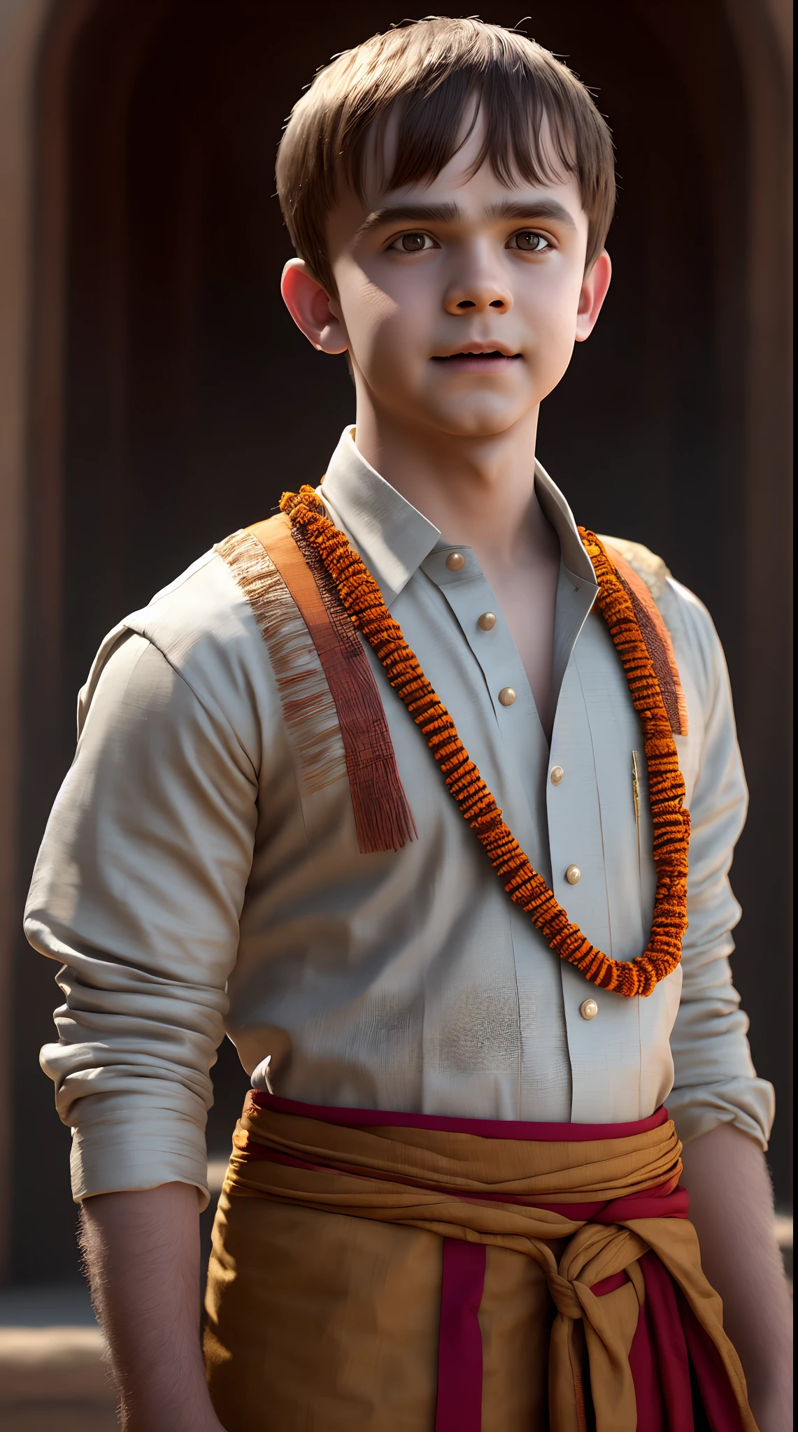 Will Byers from strange things in Indian traditional dress, dhoti and saffron gamcha, realistic looking image, hyperrealistic, 8k image, bright sunlight on face