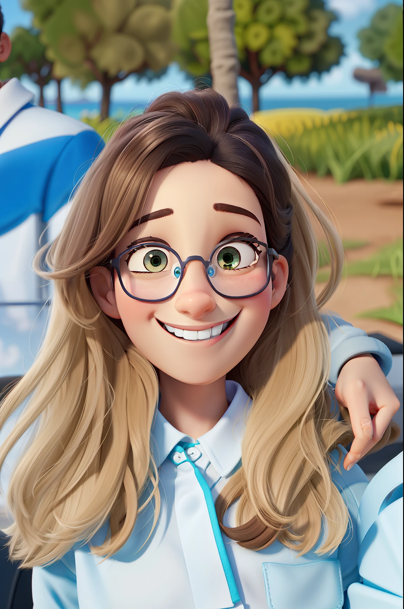 Rapariga feliz, estilo Pixar, alta qualidade, loira, sorridente, eyeglass,