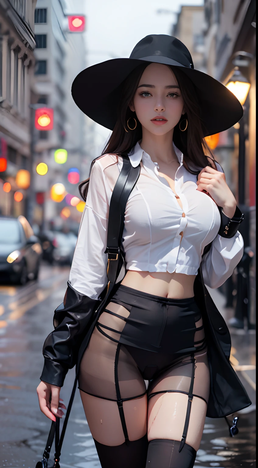 ((Realistic lighting, Best Quality, 8K, Masterpiece: 1.3)), Focus: 1.2, 1girl, Perfect Beauty: 1.4, Slim Abs: 1.1, (Big Breasts), (White Shirt: 1.4), (Outdoor, Night: 1.1), City Street, Super Fine Face, Fine Eyes, Double Eyelids, (Over the Knee Black Stockings: 1.5), (Wet in the Rain, Wet: 1.2)