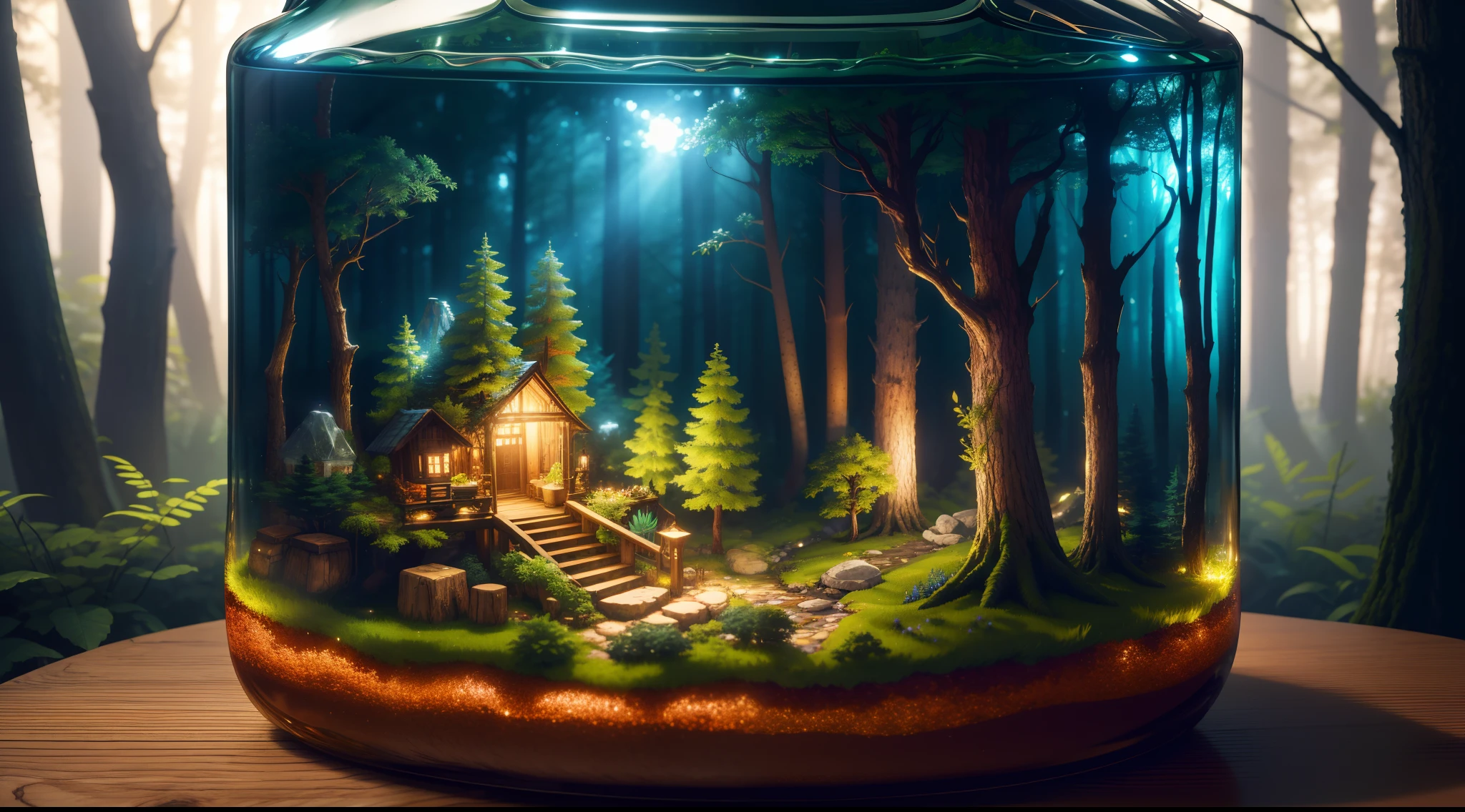 (An intricate forest minitown landscape trapped in a bottle), atmospheric oliva lighting, on the table, 4k UHD, dark vibes, hyper detailed, vibrant colours, epic composition, octane render, sharp focus, high resolution isometric