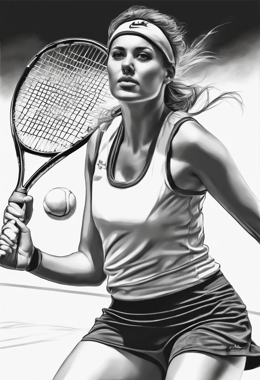 Frank 20-year-old woman playing tennis,
(Hand drawn art) ,monochrome, unpainted, High contrast,  to contrast, Line art, escala cinza, Sketch, Clear line drawing, b&Show on the, Simple flat 2D drawing,
Simple [White|Paper] Background,
(Masterpiece), Best quality, Detailed, Intricate details,