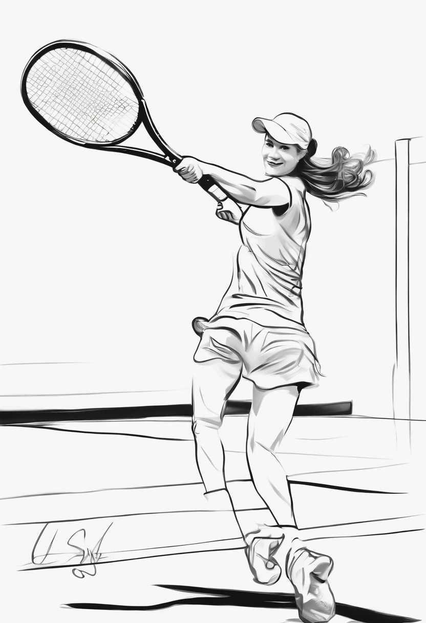 Frank 20-year-old woman playing tennis,
(Hand drawn art) ,monochrome, unpainted, High contrast,  to contrast, Line art, escala cinza, Sketch, Clear line drawing, b&Show on the, Simple flat 2D drawing,
Simple [White|Paper] Background,
(Masterpiece), Best quality, Detailed, Intricate details,
