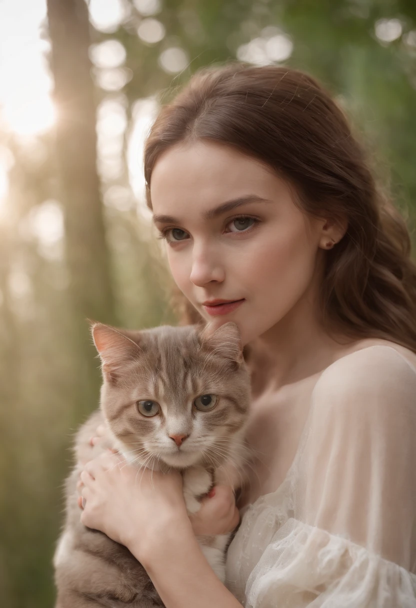beautiful young woman with 2 cats, fine art, black background, Rembrandt light, --ar 2:3, (masterpiece:1.4), (best quality:1.4), RAW photo, (photorealistic: 1.5), (short hair), light brown hair, (RAW photo, 8k UHD), beautiful detailed eyes, extremely detailed eyes and face, masterpiece, (highly detailed skin: 1.2), 8k UHD, DSLR, soft lighting, high quality