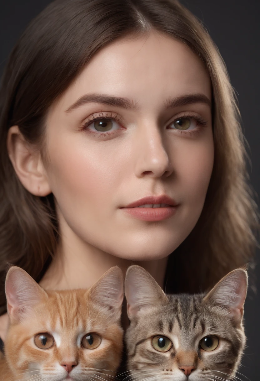 beautiful young woman with 2 cats, fine art, black background, Rembrandt light, --ar 2:3, (masterpiece:1.4), (best quality:1.4), RAW photo, (photorealistic: 1.5), (short hair), light brown hair, (RAW photo, 8k UHD), beautiful detailed eyes, extremely detailed eyes and face, masterpiece, (highly detailed skin: 1.2), 8k UHD, DSLR, soft lighting, high quality