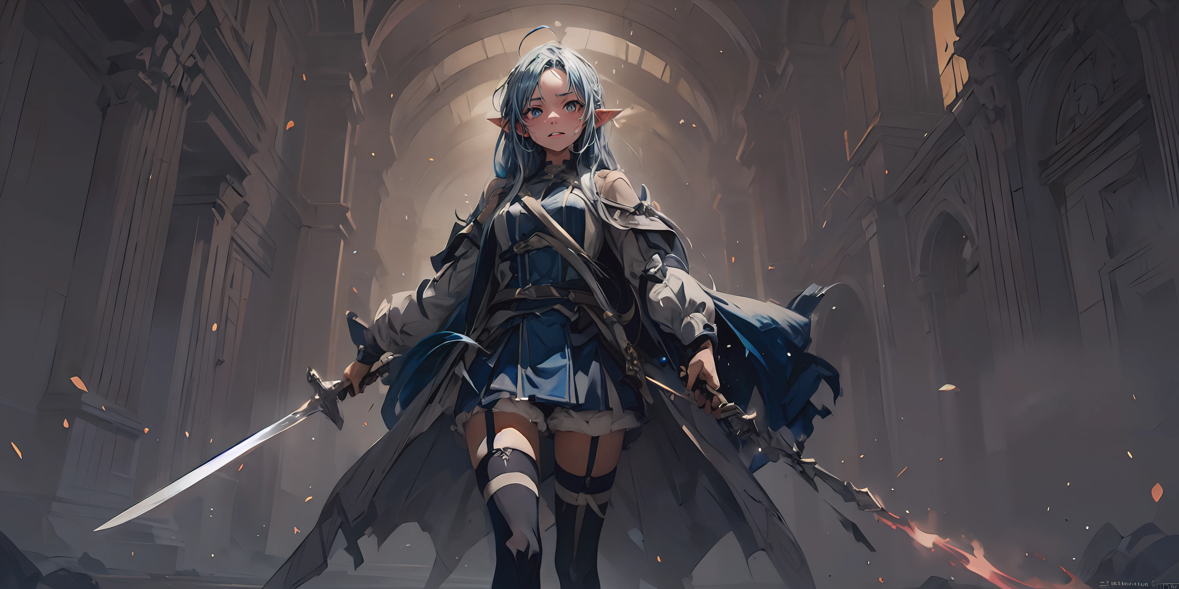pointy ears, 1girl, sword, holding, weapon, solo, gloves, holding_weapon, standing, ((holding_sword)), thighhighs, black_legwear, looking_at_viewer, outdoors, long_sleeves, breasts, wide_sleeves, garter_straps, dual_wielding, coat, medium_breasts, night, black_capelet, white_jacket, blurry_background, black_shirt, black_skirt, open_coat, short_shorts, shorts, "glow effects, godrays, Hand drawn, render, 8k, octane render, cinema 4d, blender, dark, atmospheric 4k ultra detailed, cinematic, Sharp focus, big depth of field, Masterpiece, colors, 3d octane render, 4k, concept art, trending on artstation, hyperrealistic, Vivid colors, extremely detailed CG unity 8k wallpaper, trending on CGSociety, Intricate, High Detail, dramatic", anime coloring, anime screencap, sweating, steaming body, fog