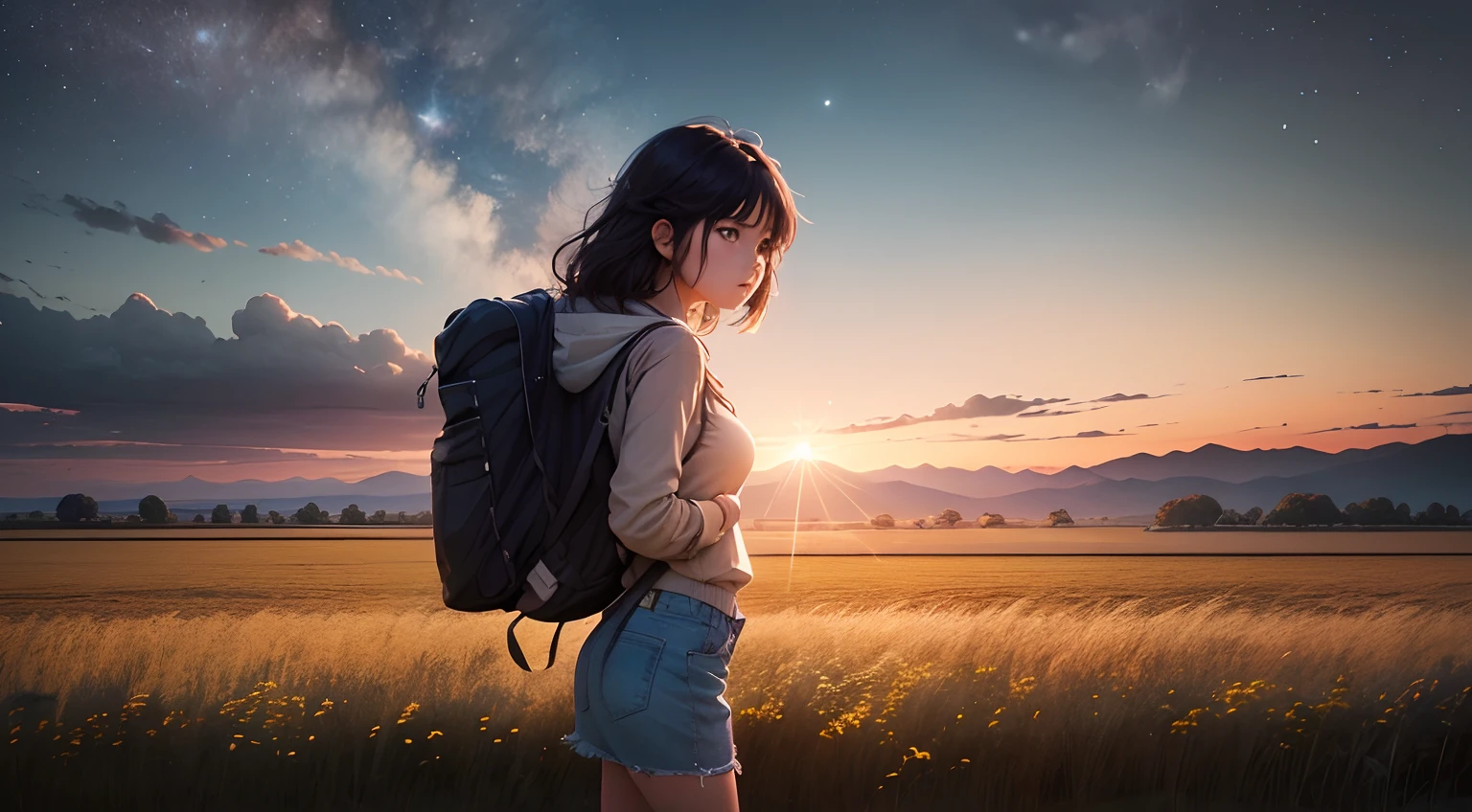 Sunrising over the fields, Makoto Shinkai style, trending on ArtStation, UHD::1.5 centered composition at sunset in country lane with rustic charm:: Warm lighting, long shadows, telephoto lens:: hands, fingers::-0.5 --ar 16:9 --Niji --style scenic (Full of tension, full of dramatic picture), (vast sky), (beautiful skyline), (large grassland), (high hanging North Star), (colorful natural light), (moving visual effect), (large area of grass), (Flowers in the grass), (NASA-level stars), (fresh, natural lighting), (a new moon), (beautiful sunrise), (dynamic photographer&#39;s angle): (scenery details), (Brightly colored landscape), (Clear and sharp depth of field), (Pure blue sky): (0.5) neg-girl