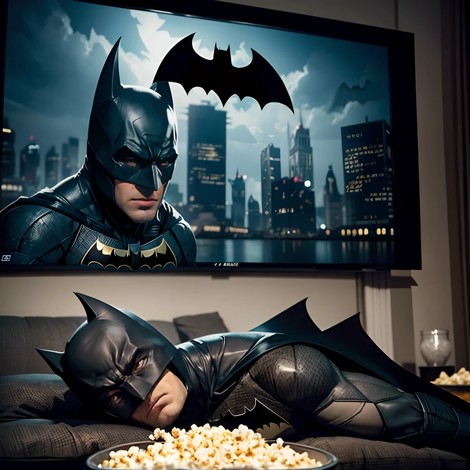[in room, screen, showing batman, latest movie : (batman:1.2), lying on sofa, watching the screen, relax, (popcorn:1.1) : 6]