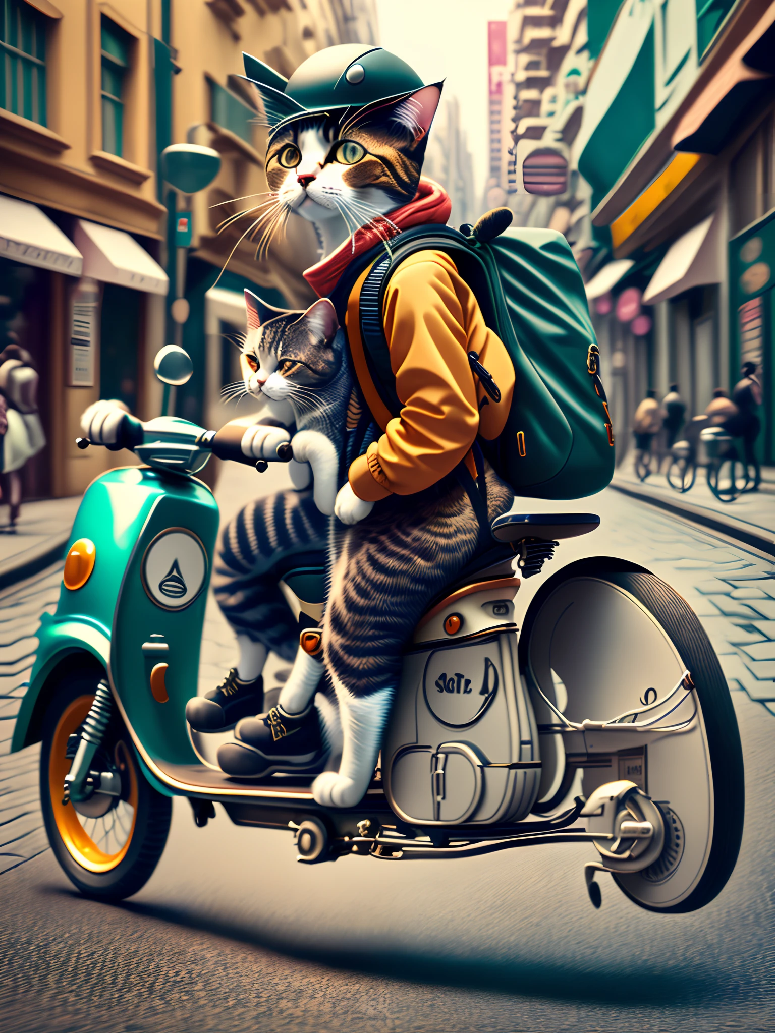 A model of a cat，dressed in casual attire，Riding a scooter，Carry a backpack，Street photography --auto --s2