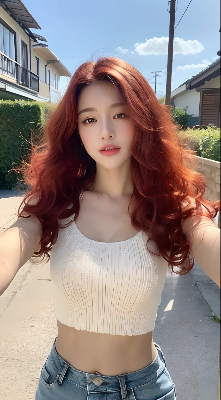 ((Realistic lighting, Best quality, 8K, Masterpiece: 1.3)), Clear focus: 1.2, 1girl, Perfect body beauty: 1.4, Slim abs: 1.1, ((Red hair, Milk: 1.3)), cowgirl pose, (Outdoor, daytime: 1.1), country street, super fine face, fine eyes, double eyelids, curly hair, fair skin