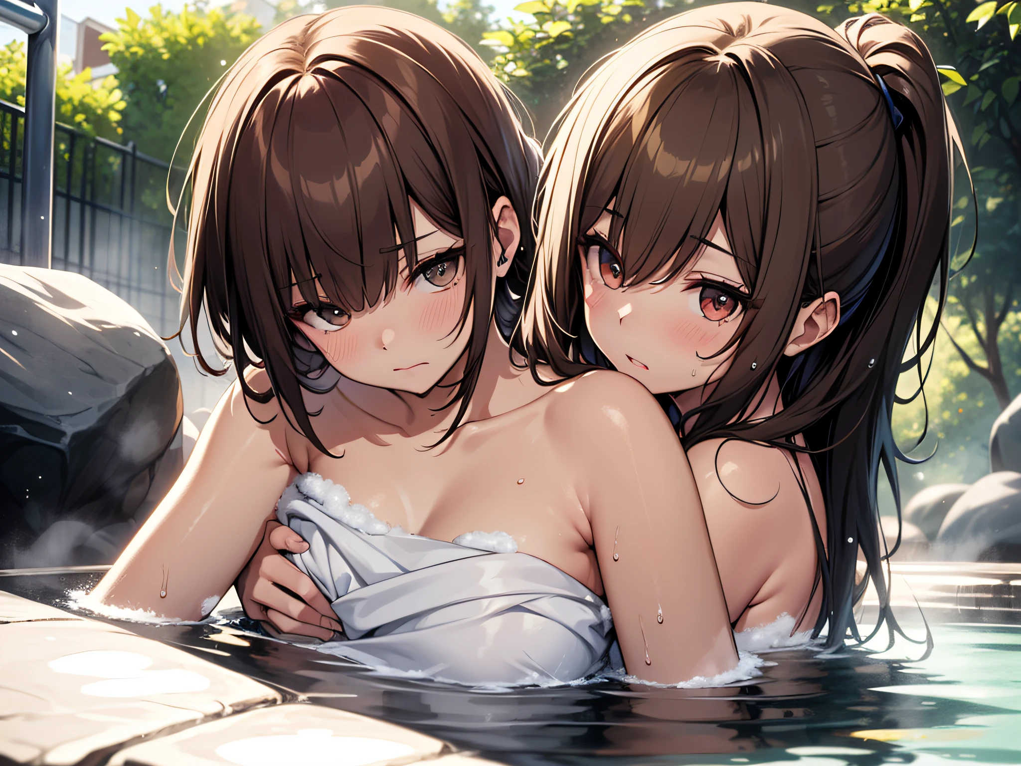 in 8K、top-quality、​masterpiece、ultra-detailliert、Ultra-high resolution、((two individuals))、2 girls、brown haired、poneyTail、outdoor bath、(Rock bath)、wetting hair、wetted skin、Red face、Wrap a bath towel around your body、((steams))、Flirting、Hug me from behind、((suprised))