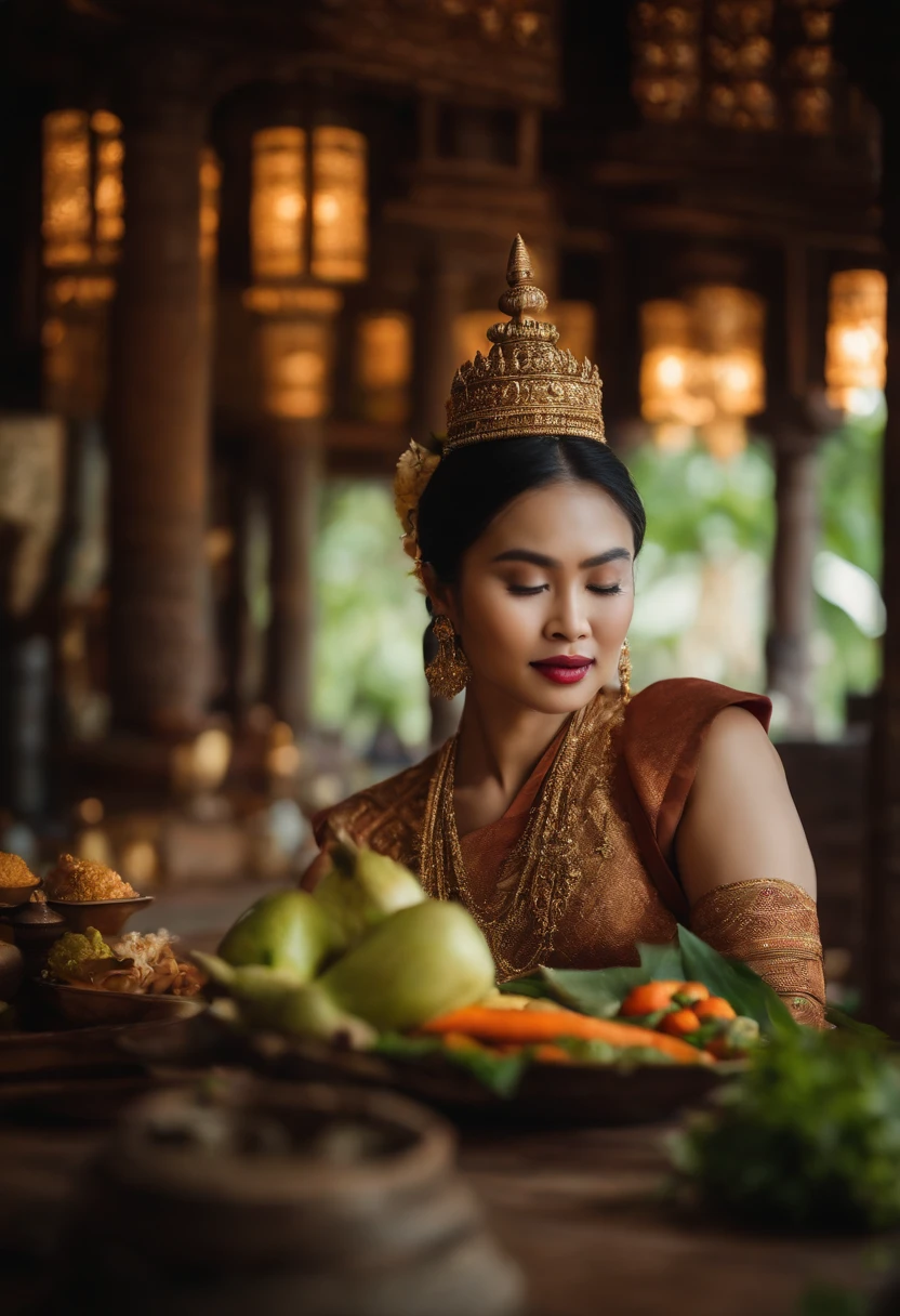 Thai women wearing Thai costumes. Thai Women. No jewelry. Kitchen in an ancient Thai palace. Carving fruits and vegetables. Thai food. Thai Food. Thai Plate. Traditional Thai Food. Ancient Thai atmosphere. decoration.
