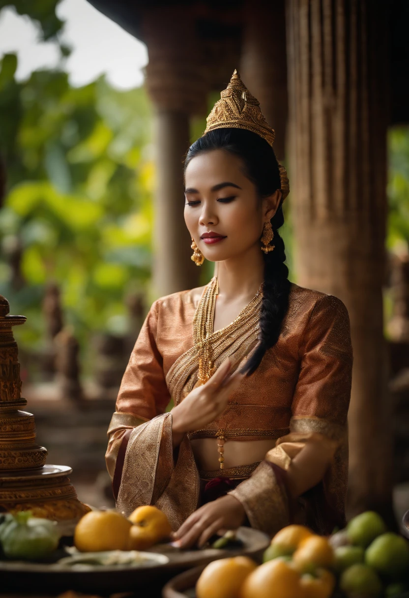 Thai women wearing Thai costumes. Thai Women. No jewelry. Kitchen in an ancient Thai palace. Carving fruits and vegetables. Thai food. Thai Food. Thai Plate. Traditional Thai Food. Ancient Thai atmosphere. decoration.