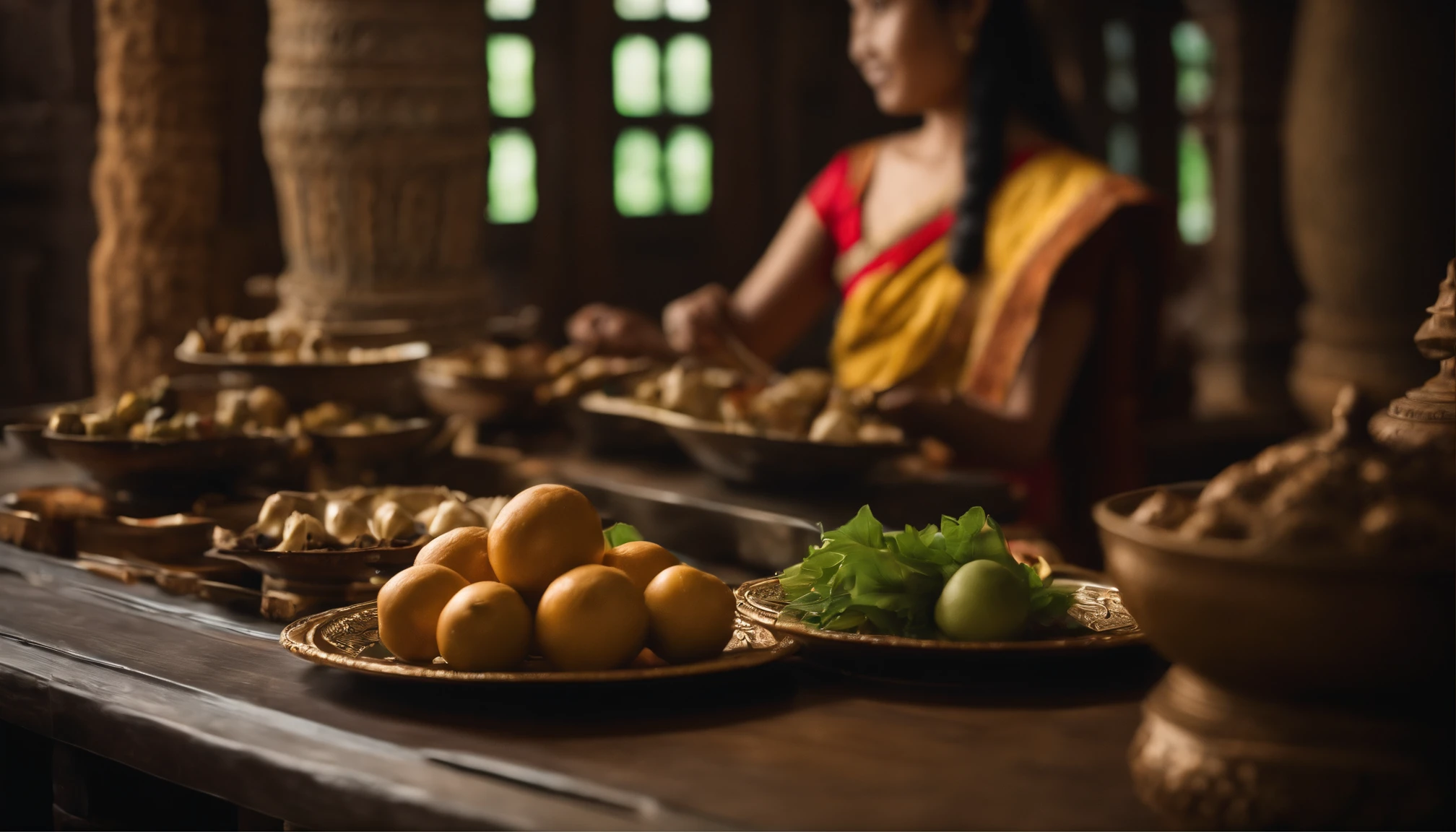 Thai Ladies Dresses. Thai Women. No jewelry. Kitchen in an ancient Thai palace. Carving fruits and vegetables. Thai food. Thai Food. Thai Plate. Traditional Thai Food. Ancient Thai atmosphere. decoration.