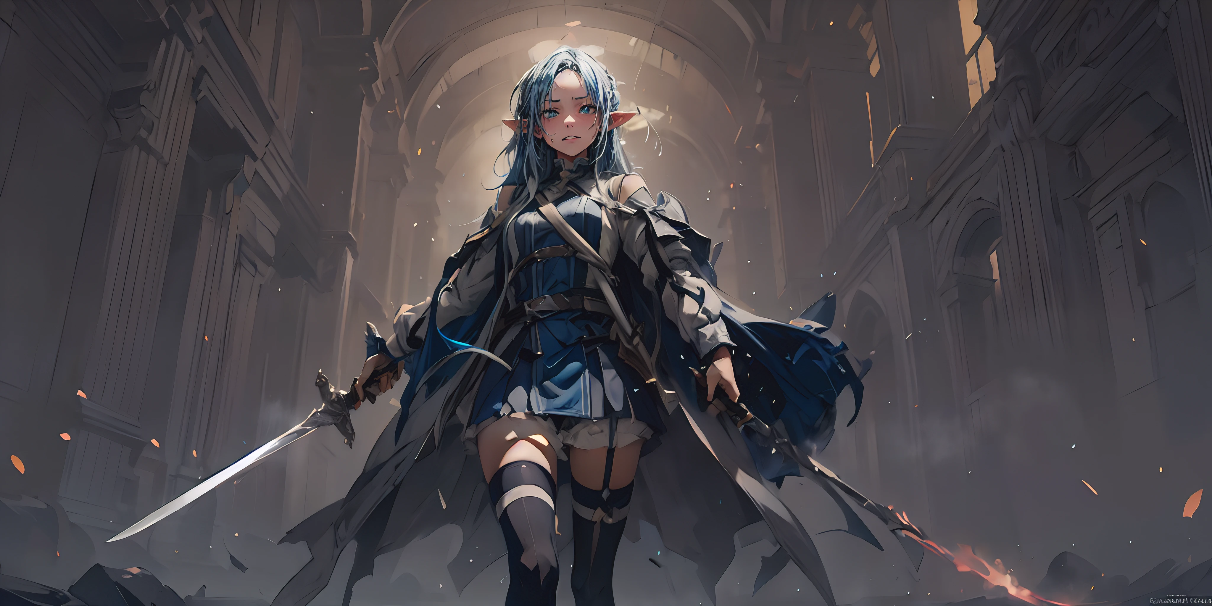 pointy ears, 1girl, sword, holding, weapon, solo, gloves, holding_weapon, standing, ((holding_sword)), thighhighs, black_legwear, looking_at_viewer, outdoors, long_sleeves, breasts, wide_sleeves, garter_straps, dual_wielding, coat, medium_breasts, night, black_capelet, white_jacket, blurry_background, black_shirt, black_skirt, open_coat, short_shorts, shorts, "glow effects, godrays, Hand drawn, render, 8k, octane render, cinema 4d, blender, dark, atmospheric 4k ultra detailed, cinematic, Sharp focus, big depth of field, Masterpiece, colors, 3d octane render, 4k, concept art, trending on artstation, hyperrealistic, Vivid colors, extremely detailed CG unity 8k wallpaper, trending on CGSociety, Intricate, High Detail, dramatic", anime coloring, anime screencap, sweating, steaming body, fog
