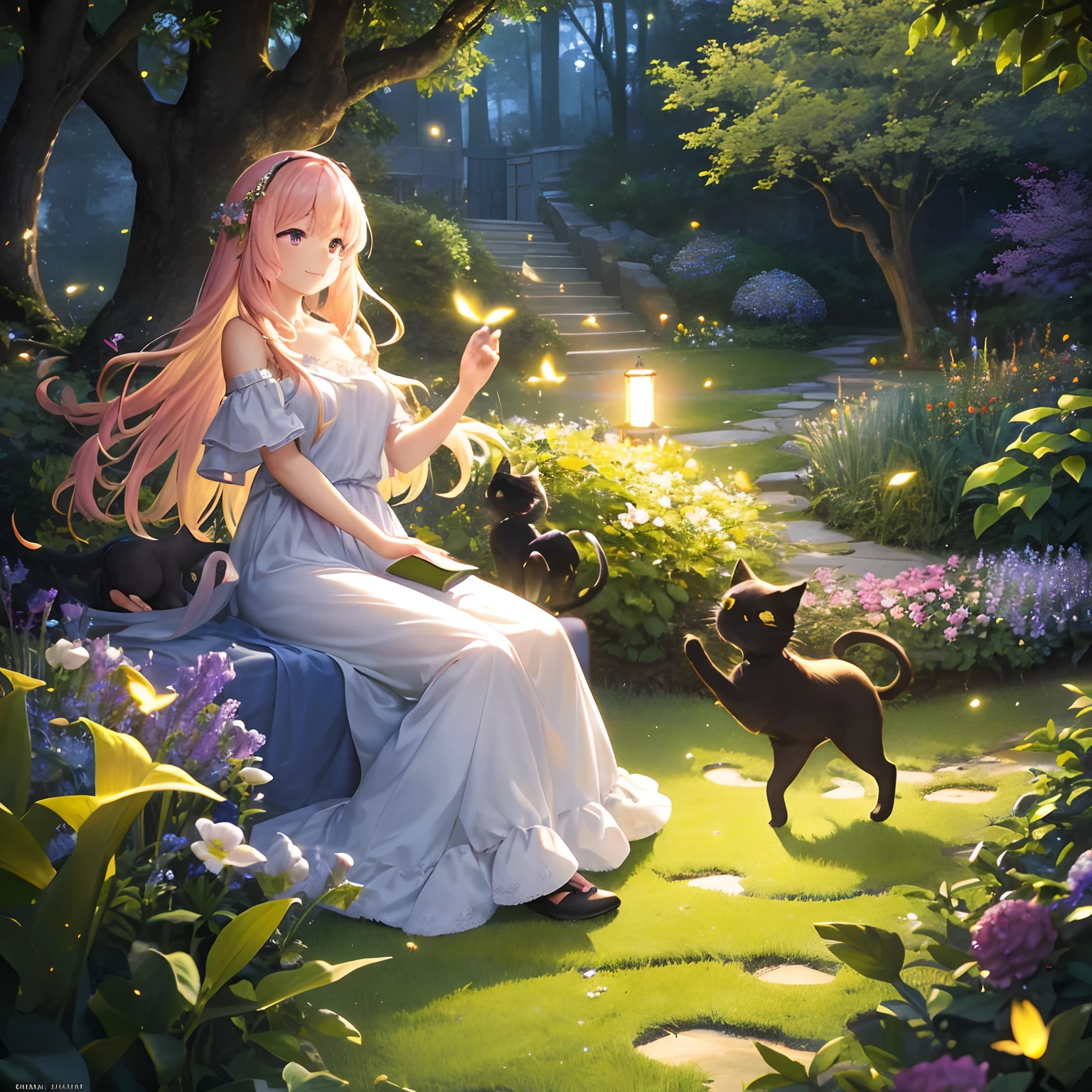 Cat in a garden, an enchanting scene with beautiful flowers, lush greenery, and a peaceful atmosphere. The sunlight filters through the leaves, creating a soft and dreamy ambiance. The garden is filled with vibrant colors and sweet fragrances.


In the distance, a cute black cat catches the girl's attention. The cat seems to radiate its own soft glow, adding a touch of magic to the scene. It playfully jumps around, chasing after the glowing fireflies that fill the garden. The fireflies create a mesmerizing display of flickering lights as they dance in the moonlight.

.

Art Style: Illustration, capturing the whimsical and magical essence of the garden.
Color Palette: Soft pastel colors, with hints of pinks, purples, and blues, creating a dreamy atmosphere.
Lighting: Soft, warm golden light, casting gentle shadows and creating a cozy ambiance.

(best quality, 4k, 8k, highres, masterpiece:1.2), ultra-detailed, (realistic, photorealistic, photo-realistic:1.37), cute black cat, glowing cat, glowing fireflies, enchanting garden, lush greenery, vibrant flowers, soft sunlight filtering through leaves, flowing dress, joyful smile, long flowing hair, soft breeze, book in hand, vivid colors, magical atmosphere, serene and calm, highest quality standards, playful fireflies, mesmerizing flickering lights, moonlit night, tranquil ambiance, soft pastel colors, whimsical illustration, warm golden lighting.