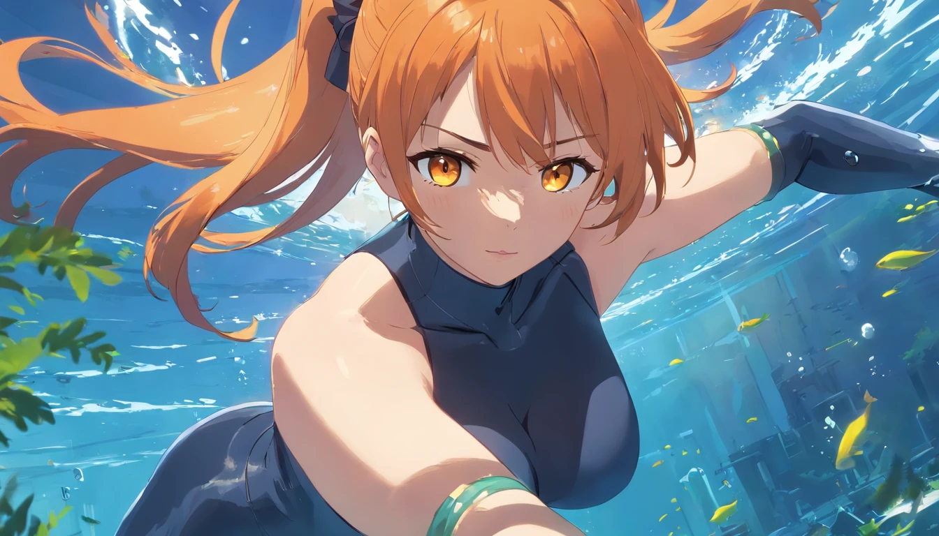 1 female、Orange hair、Colossal tits、Big ass、Black catsuit、yellow eyes、Large, thick thighs、a short bob、wide hips、under the water