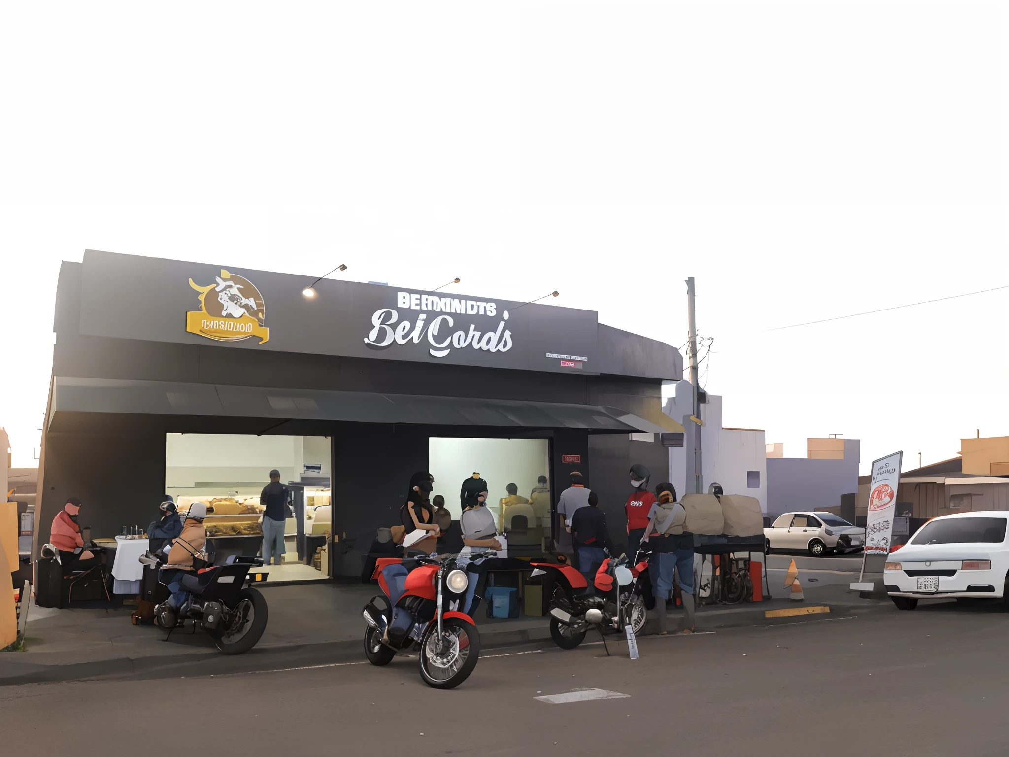 Motorcycles parked outside a butcher shop, pessoas sentadas em cadeiras com mesas, churrasqueira de espetinho, various cars