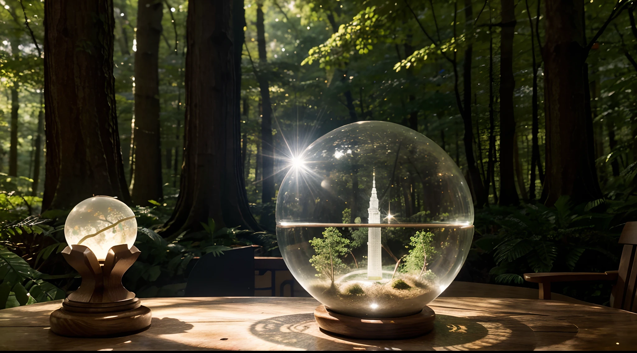 Photography shot with Canon EOS R5 using a 50mm lens. The scene captures a pristine glass orb delicately cradling a detailed miniature of the Petronas Twin Towers. This orb sits atop a polished oak desk in the midst of a forest. Bright sunlight filters through the dense tree canopy, casting soft rays onto the desk, illuminating the orb. The ambient light reveals floating particles dancing gracefully around the orb, creating an aura of nostalgia and serenity.