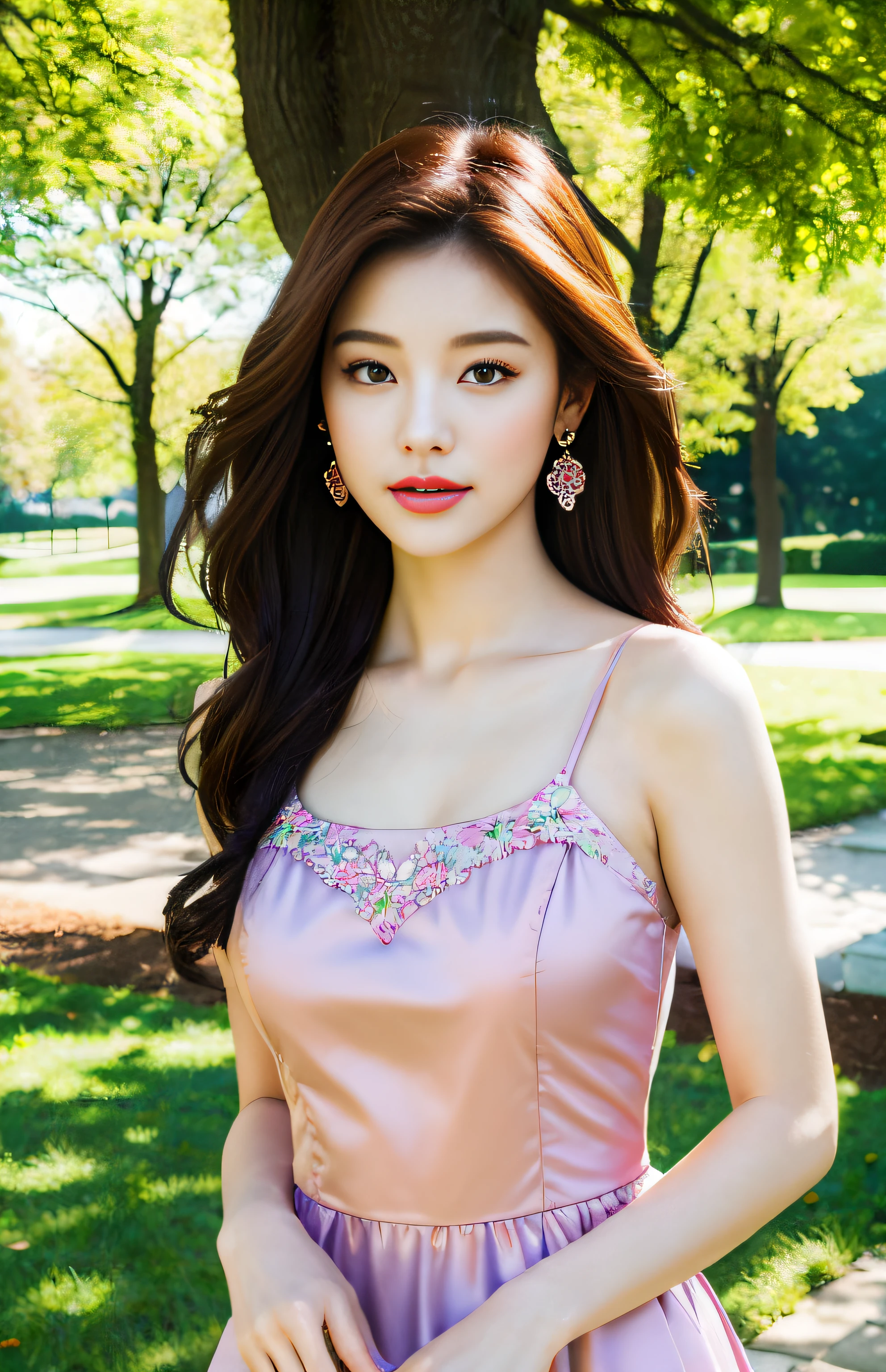Best quality,masterpiece,ultra high res,(photorealistic:1.4),1girl, in park, party dress, spring clothes