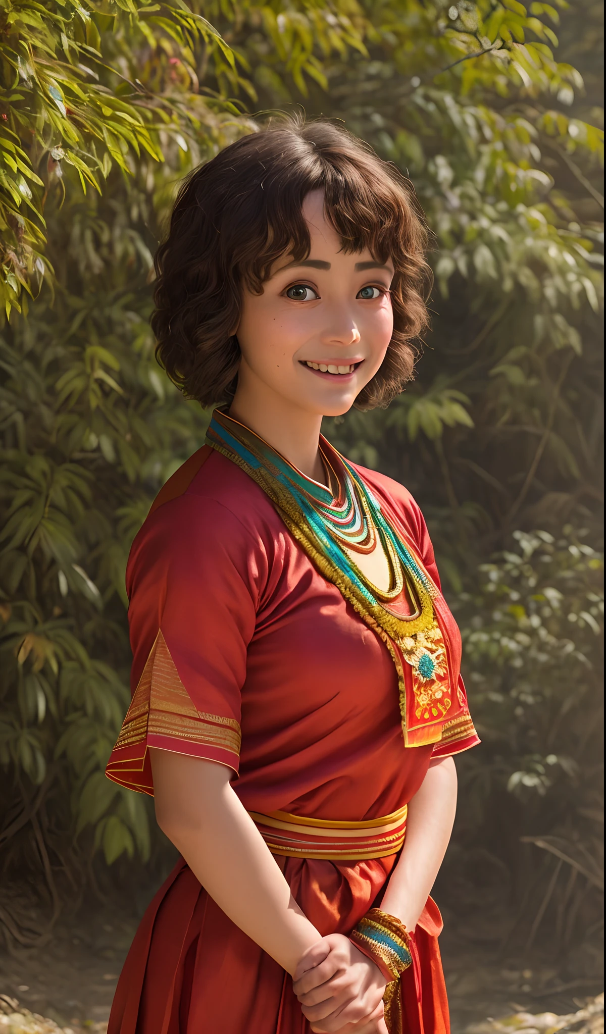 Joyce Byers from strange things, in Indian traditional dress the kho(Sikkim traditional dress) , sunlight on face, bright smiling, standing in nature, image should be realistic , hyperrealistic, 8k image