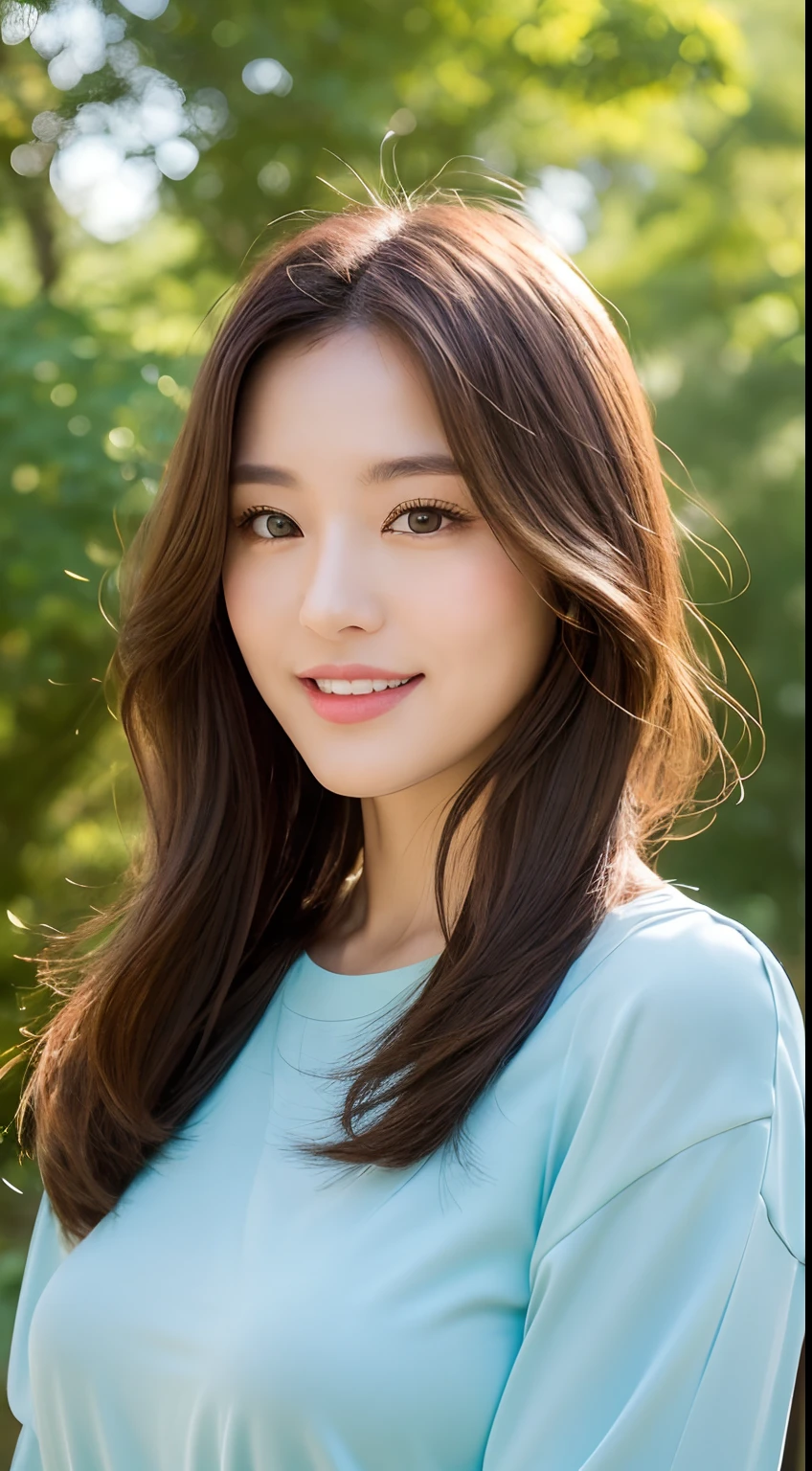 ((Best Quality, 8K, Masterpiece: 1.3)), Bondage Costume (5) Upper Body (1.3), Focus Clear: 1.2, Glossy Skin in the Light, Outstanding Beauty: 1.4, ((Brown Hair, Colossal: 1.2)), Highly Detailed Face and Skin Texture, Not Too Dark Parallel Eyebrows Detailed Eyes, Double Eyelids, Smile (1.3) Natural Makeup, Walking in the Sun Through the Trees (5)