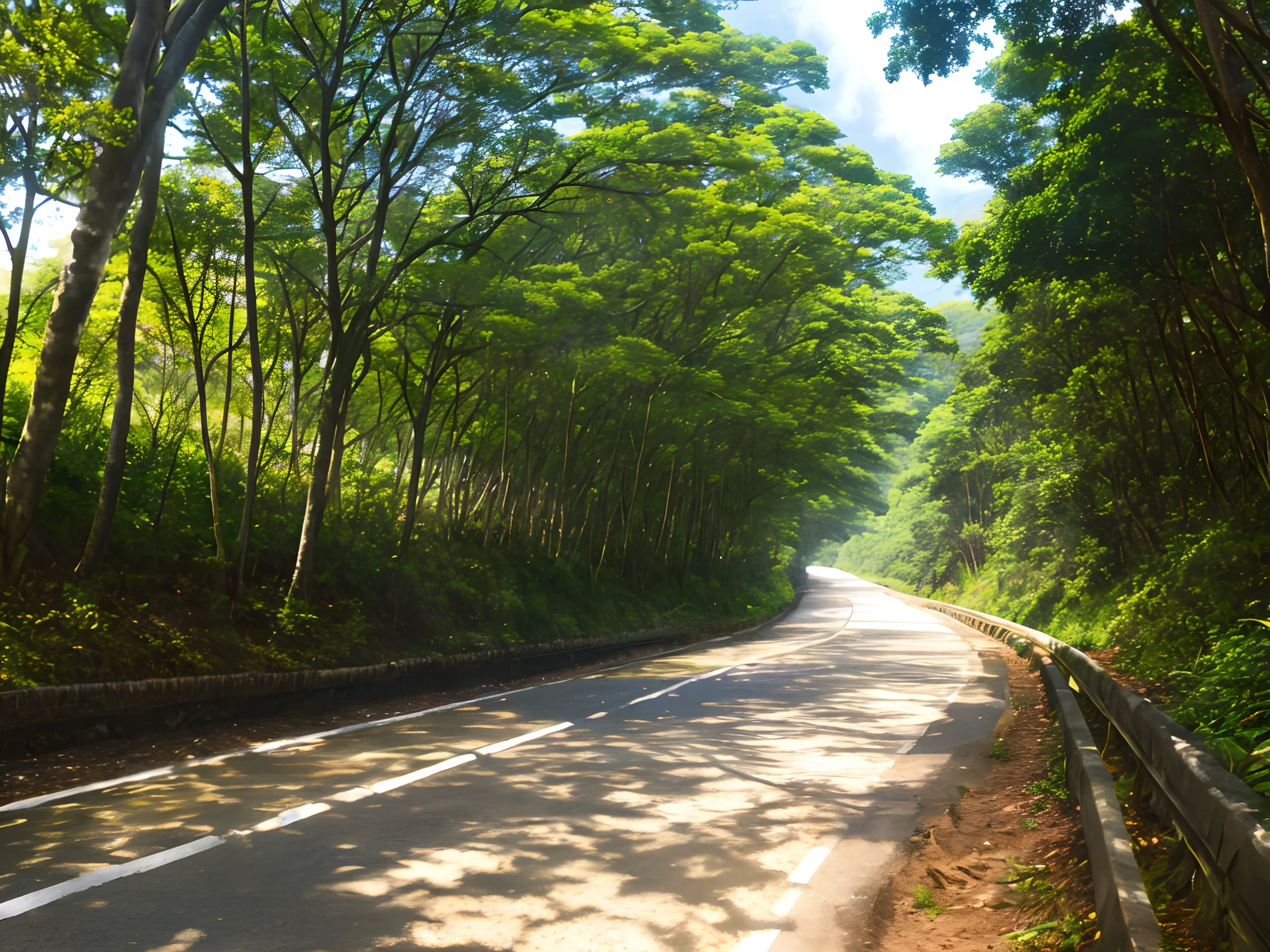 Imagem de uma estrada longa e sinuosa,Luz brilhante que leva ao horizonte,bright morning,raios solares