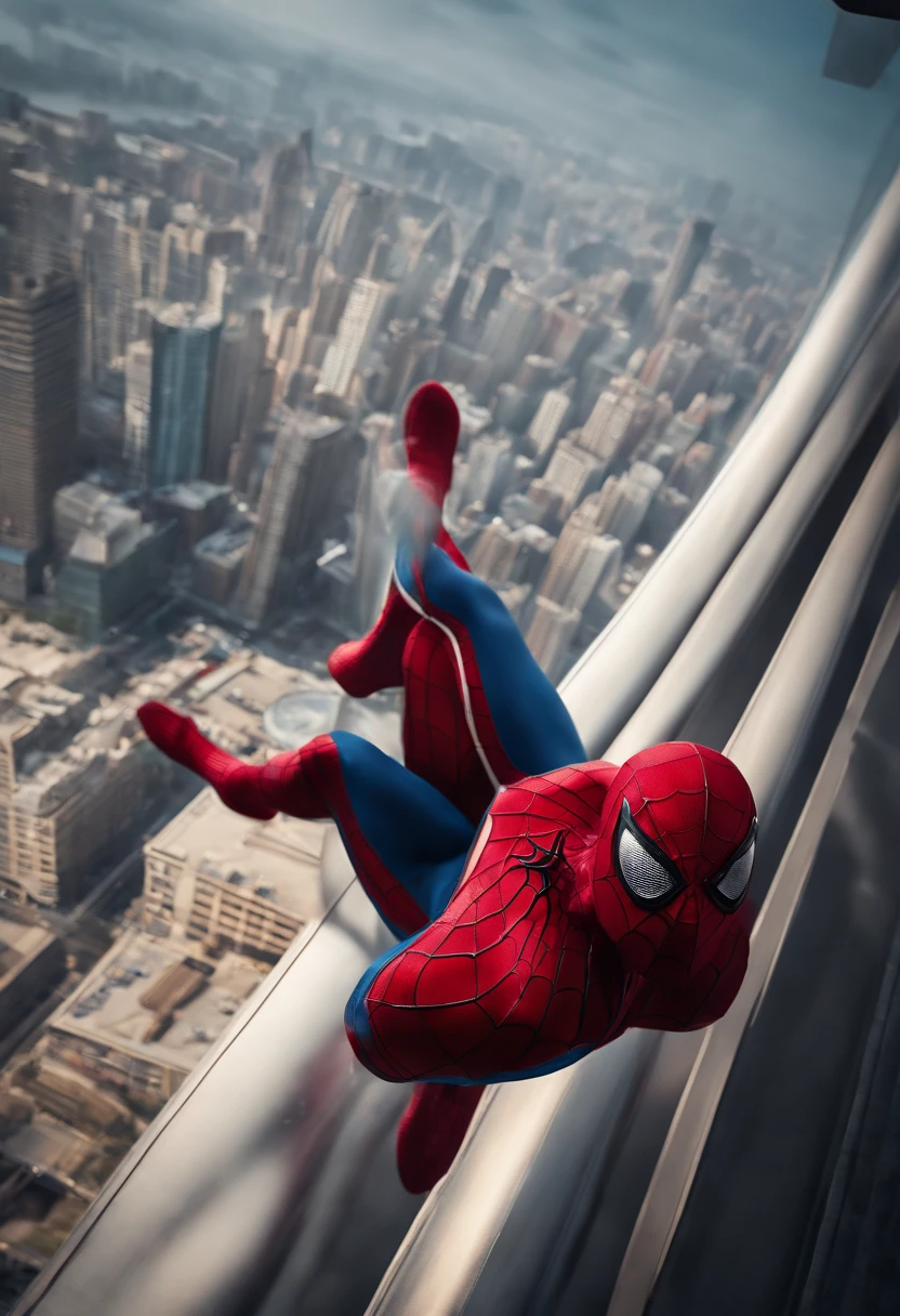 full body shot, male spiderman hanging upside from the top of the skyscraper, city background, portrait photography by artgerm, in the style of realism, cartooncore, mangacore, glistening skin, natural lighting, silver and red 50 --s 2