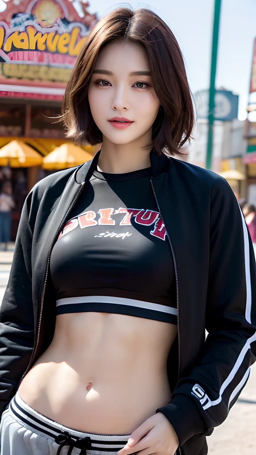 (Best quality, High resolution, Masterpiece :1.3), A tall and pretty woman, Perfect figure beauty, Abs, Breasts, (Dark brown short hair), Wearing crop top with varsity jacket and sweatpants, Smirking, At amusement park, Details exquisitely rendered in the face and skin texture, Detailed eyes, Double eyelid