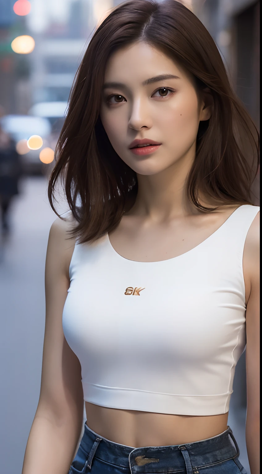 ((Realistic lighting, Best quality, 8K, Masterpiece: 1.3)), Clear focus: 1.2, 1girl, Perfect Figure: 1.4, Slim Abs: 1.1, ((Dark brown hair)), (White crop top: 1.4), (Outdoor, Night: 1.1), City streets, Super fine face, Fine eyes, Double eyelids,