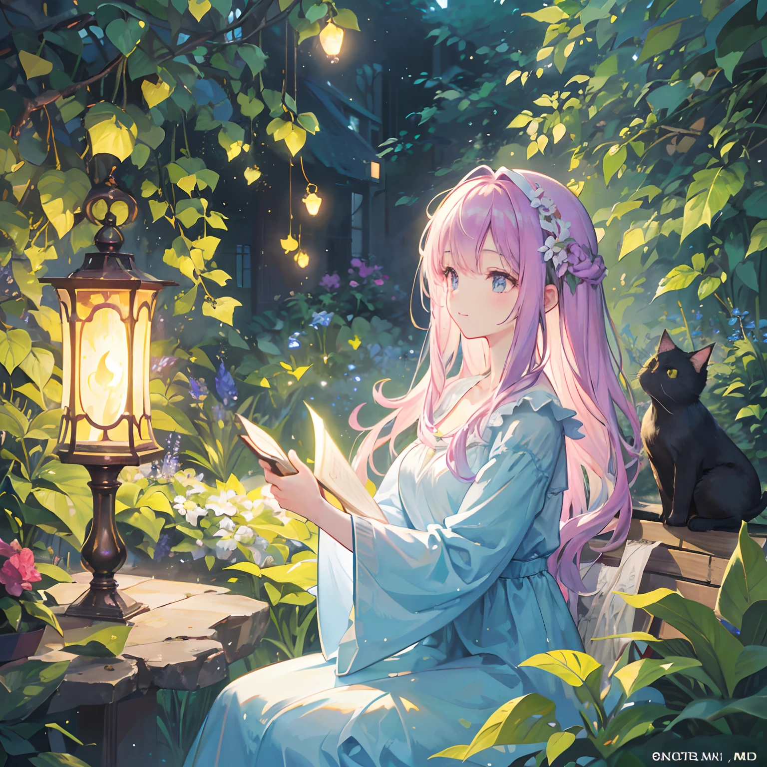 Cat in a garden, an enchanting scene with beautiful flowers, lush greenery, and a peaceful atmosphere. The sunlight filters through the leaves, creating a soft and dreamy ambiance. The garden is filled with vibrant colors and sweet fragrances.
In the distance, a cute black cat catches the girl's attention. The cat seems to radiate its own soft glow, adding a touch of magic to the scene. It playfully jumps around, chasing after the glowing fireflies that fill the garden. The fireflies create a mesmerizing display of flickering lights as they dance in the moonlight.
.
Art Style: Illustration, capturing the whimsical and magical essence of the garden.
Color Palette: Soft pastel colors, with hints of pinks, purples, and blues, creating a dreamy atmosphere.
Lighting: Soft, warm golden light, casting gentle shadows and creating a cozy ambiance.
(best quality, 4k, 8k, highres, masterpiece:1.2), ultra-detailed, (realistic, photorealistic, photo-realistic:1.37), cute black cat, glowing cat, glowing fireflies, enchanting garden, lush greenery, vibrant flowers, soft sunlight filtering through leaves, flowing dress, joyful smile, long flowing hair, soft breeze, book in hand, vivid colors, magical atmosphere, serene and calm, highest quality standards, playful fireflies, mesmerizing flickering lights, moonlit night, tranquil ambiance, soft pastel colors, whimsical illustration, warm golden lighting.