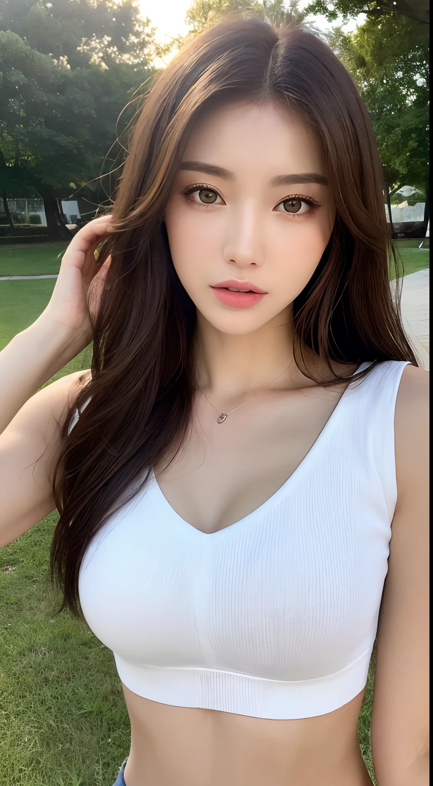 ((Realistic lighting, Best quality, 8K, Masterpiece: 1.3)), Clear focus: 1.2, 1girl, Perfect beauty: 1.4, Slim abs: 1.1, ((Dark brown hair)), (White crop top: 1.4), (Outdoor, Night: 1.1), Park view, Super fine face, Fine eyes, Double eyelids,