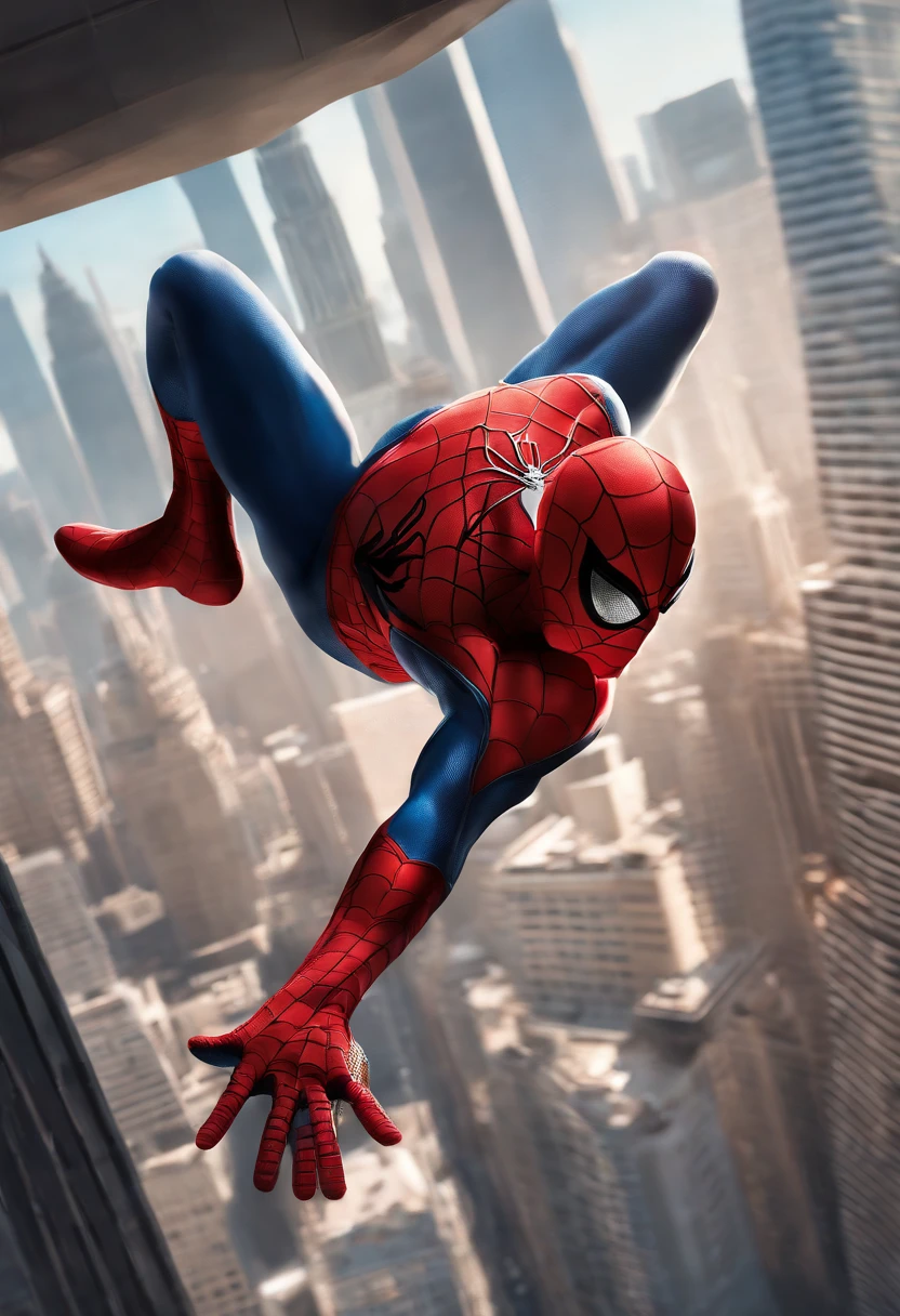 full body shot, male spiderman hanging upside from the top of the skyscraper, city background, portrait photography by artgerm, in the style of realism, cartooncore, mangacore, glistening skin, natural lighting, silver and red 50 --s 2